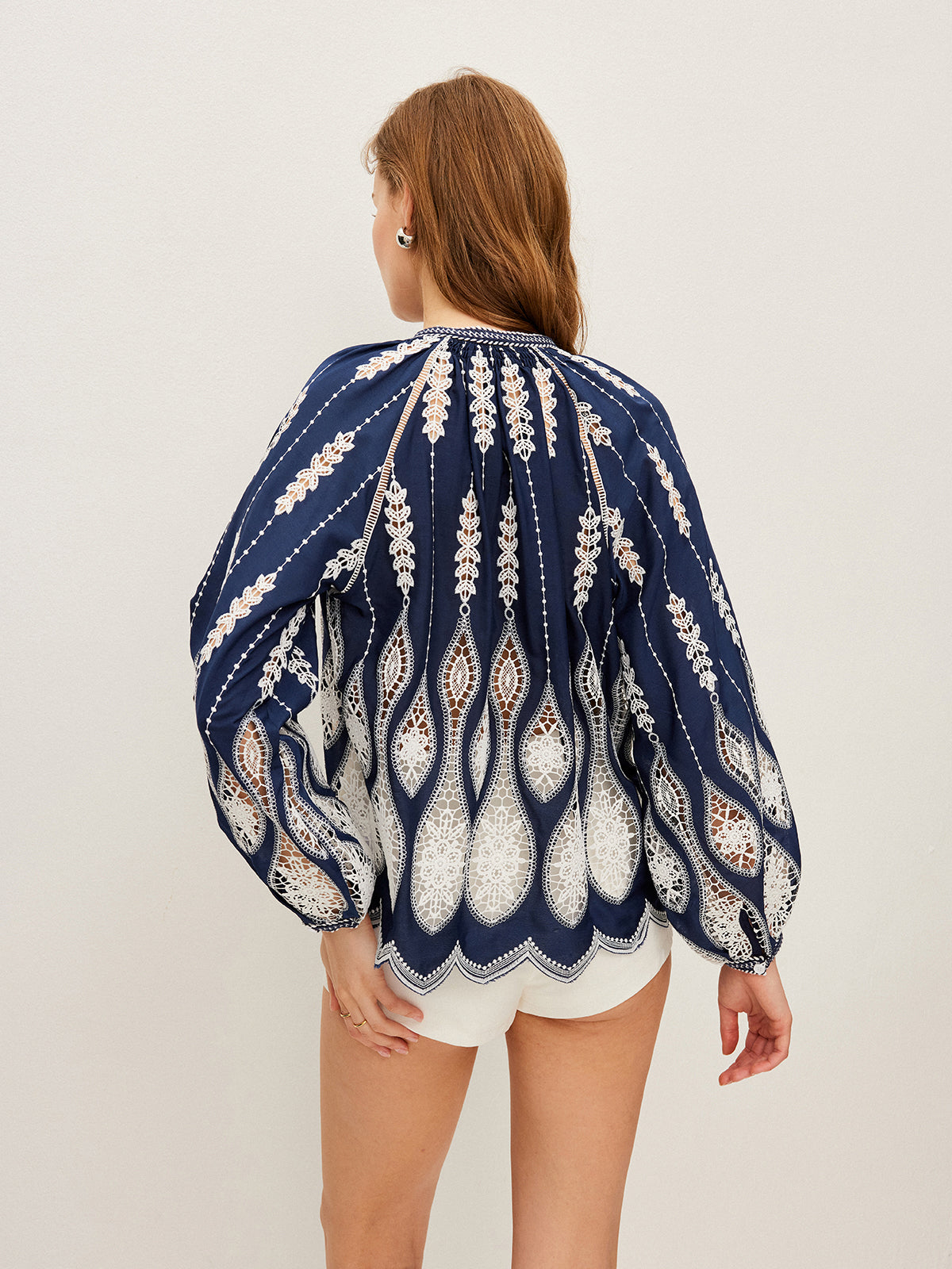 Semi-Sheer Embroidered Tie-Neck Blouse