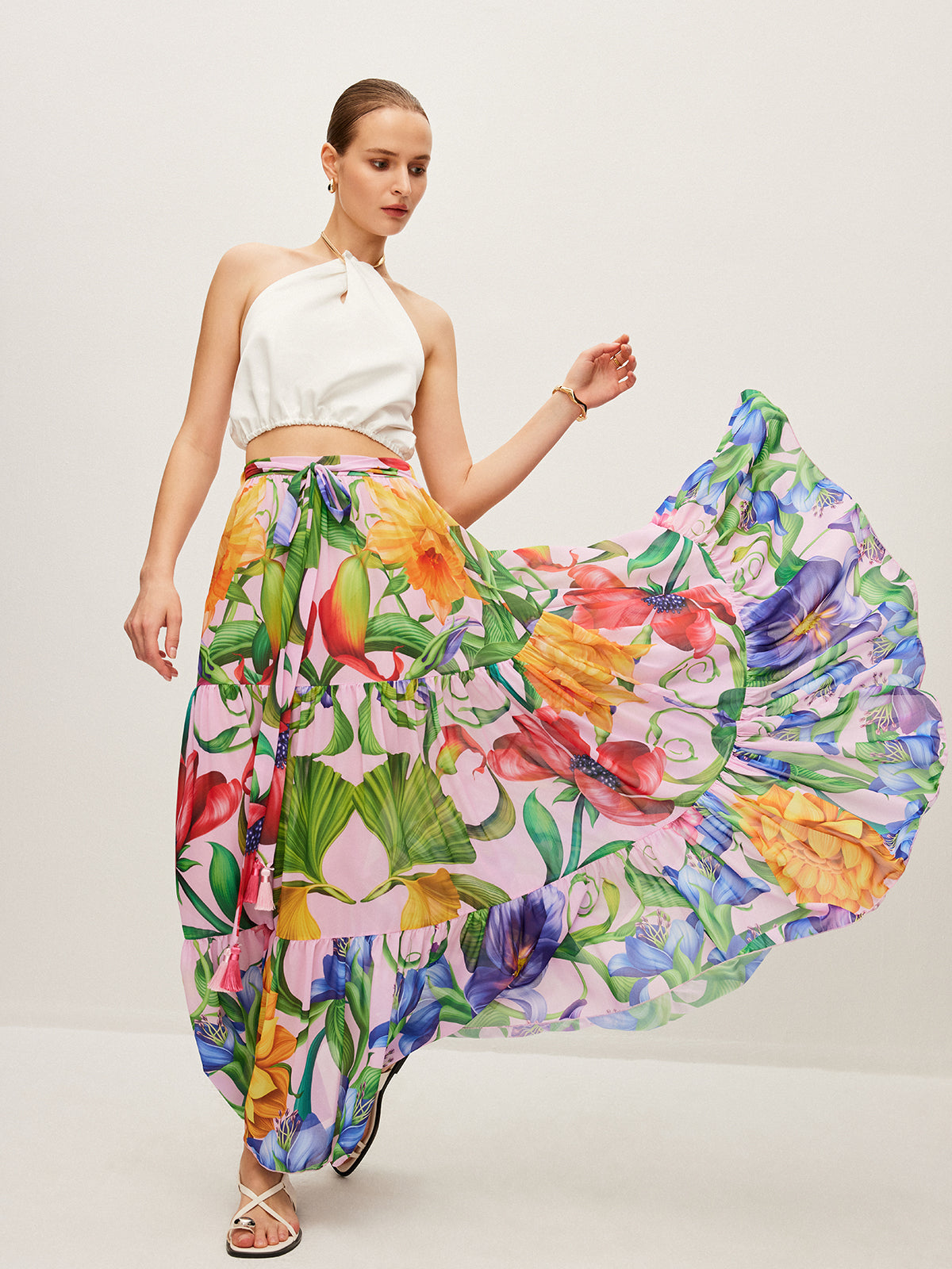 Semi-Sheer Floral Print Belted Chiffon Skirt