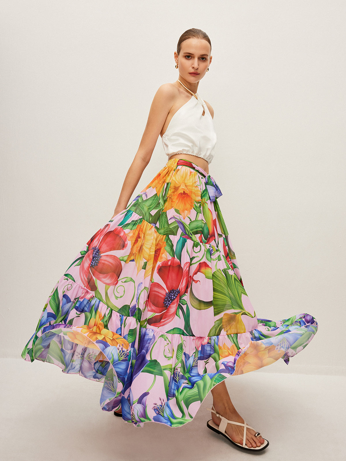 Semi-Sheer Floral Print Belted Chiffon Skirt