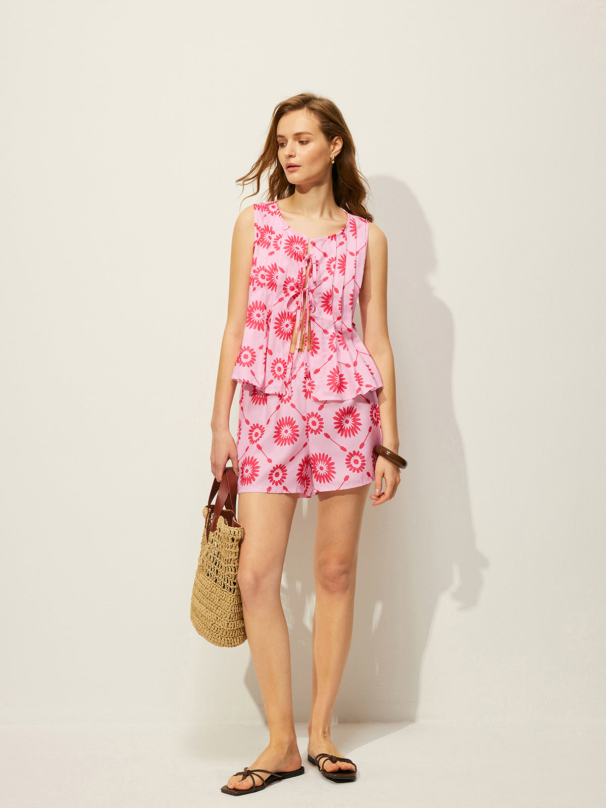 Floral Print Shorts Set With Pockets