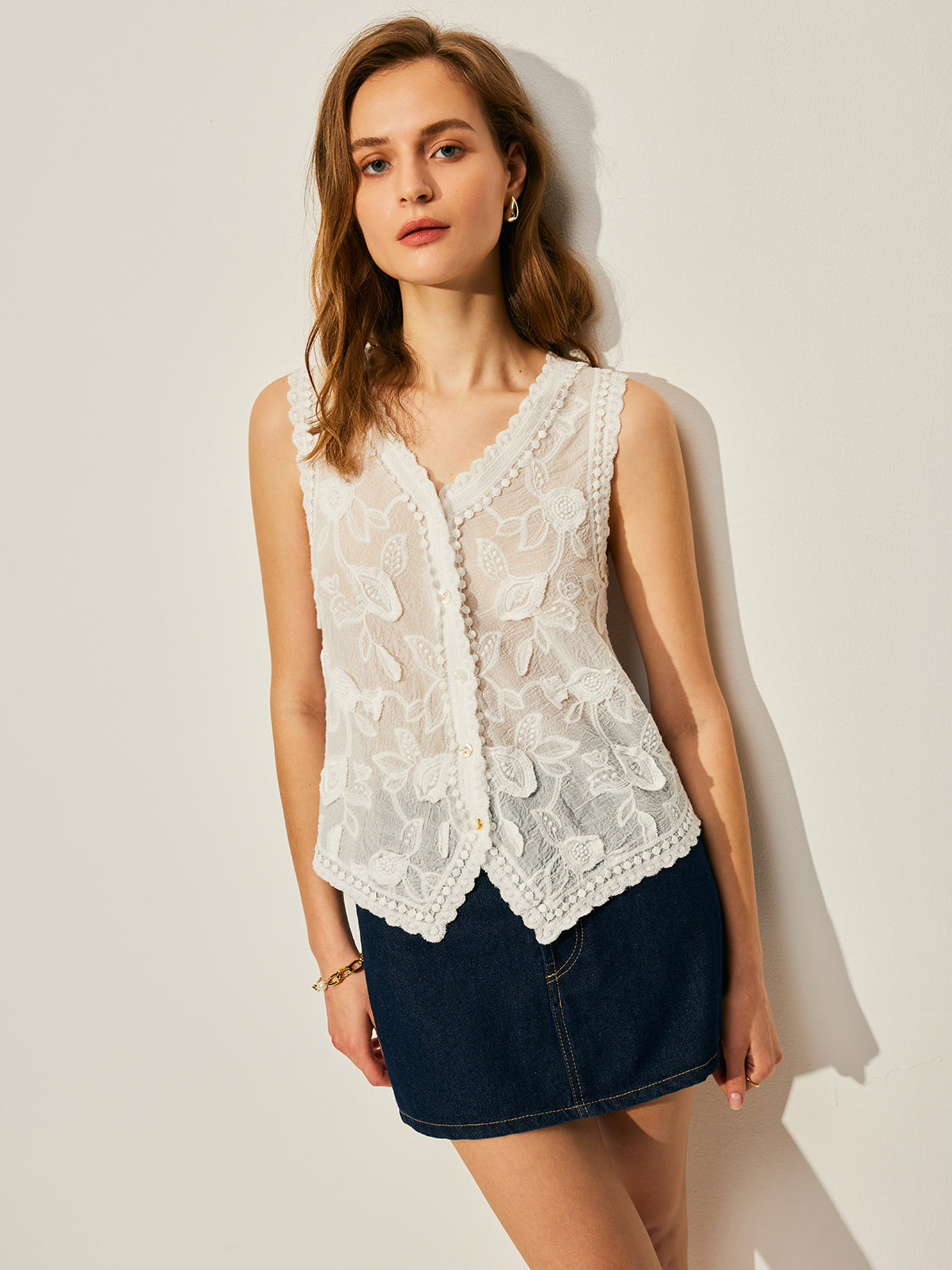 Cotton Floral Embroidery Vest