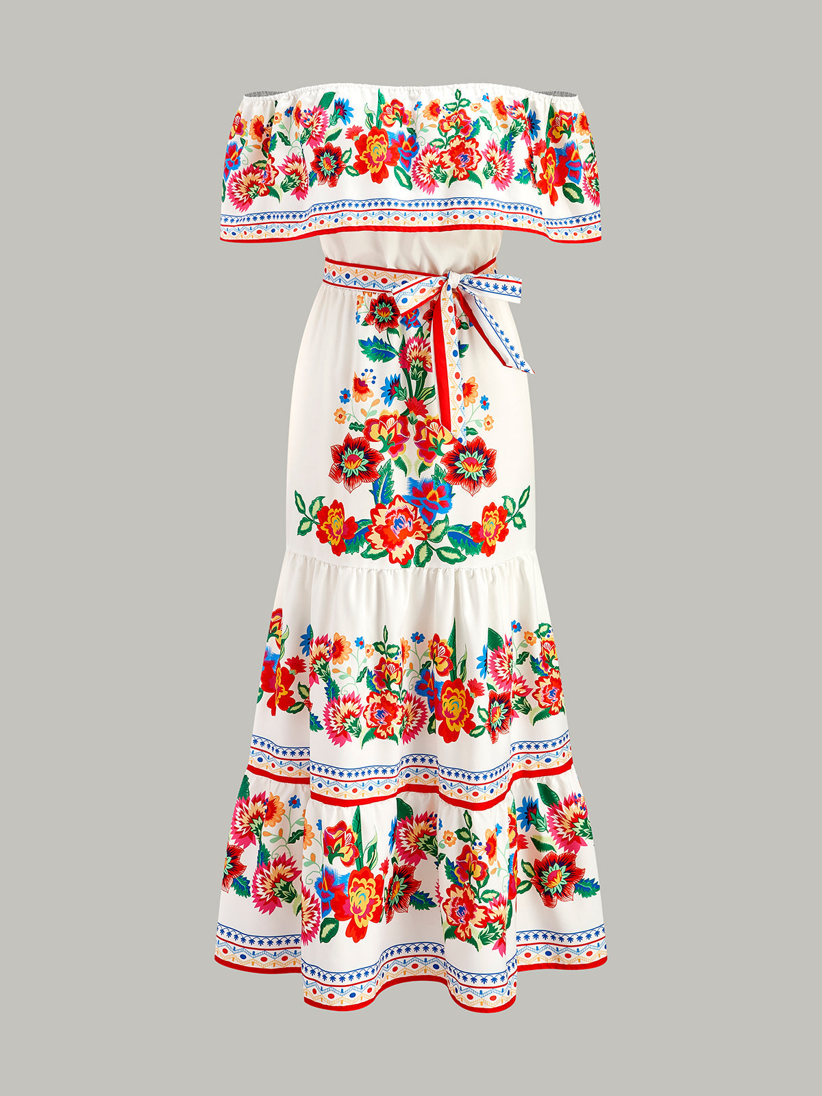 Off-Shoulder Floral Print Dress With Belt