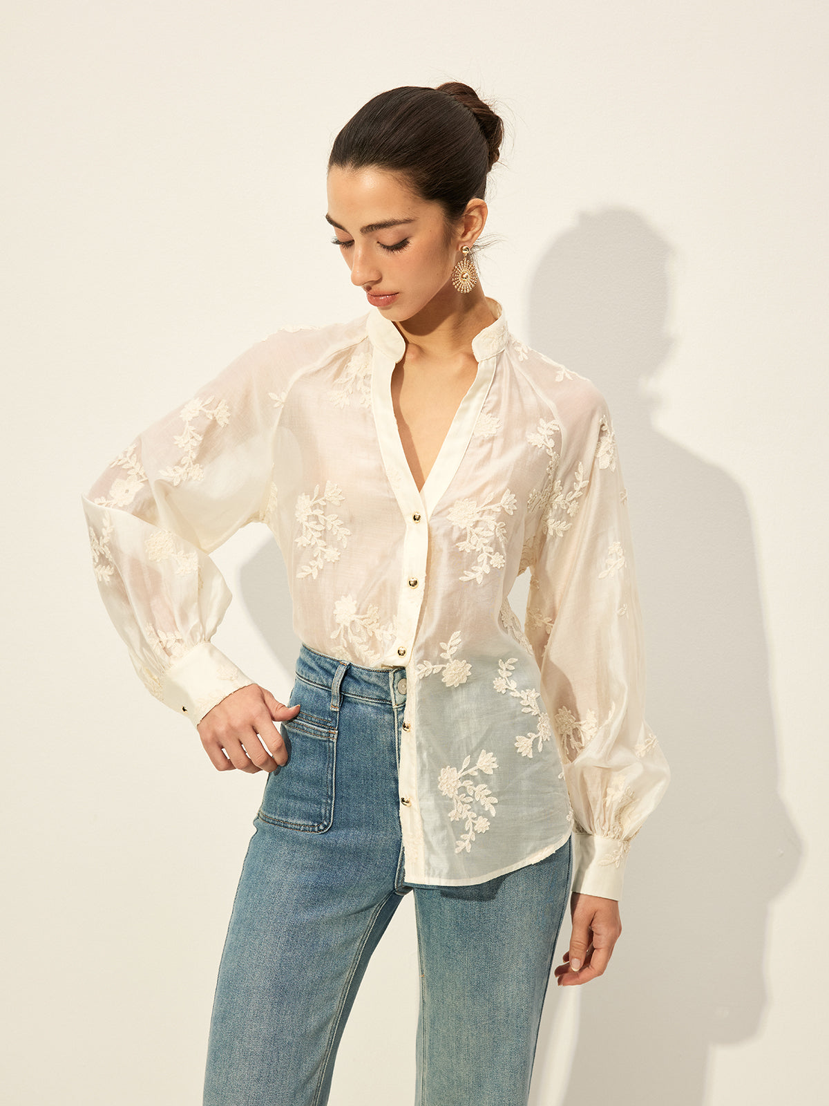 Semi-Sheer Embroidered Button-Front Blouse