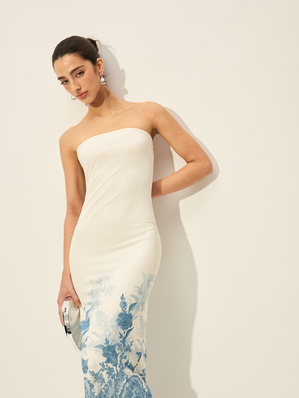 Strapless Mesh Dress With Floral Print Hem