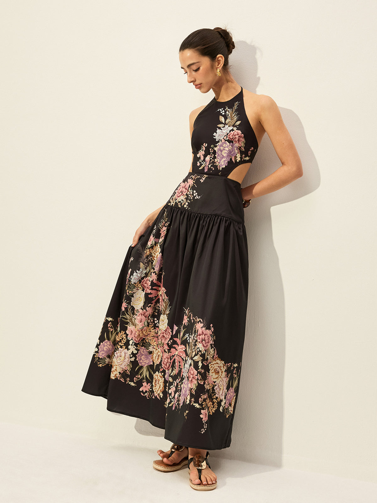 Floral Print Halter Neck Dress With Cut-Out Detail