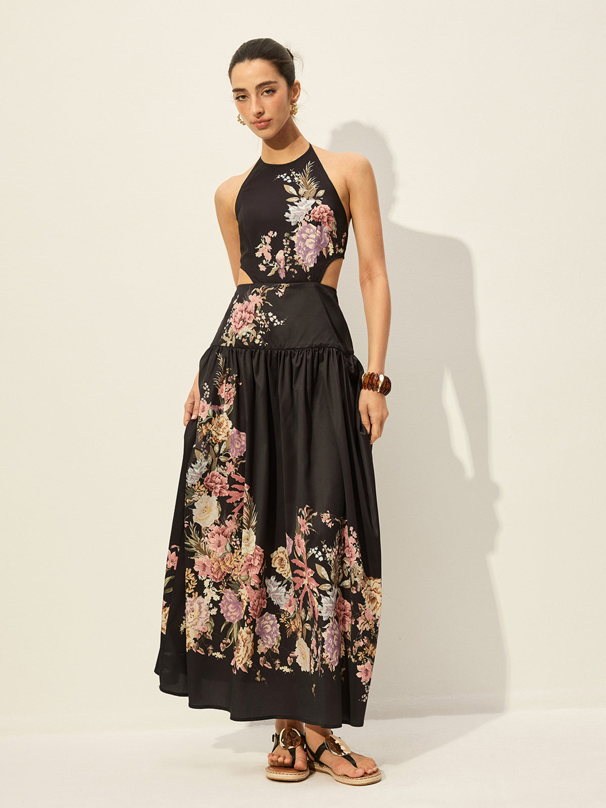 Floral Print Halter Neck Dress With Cut-Out Detail