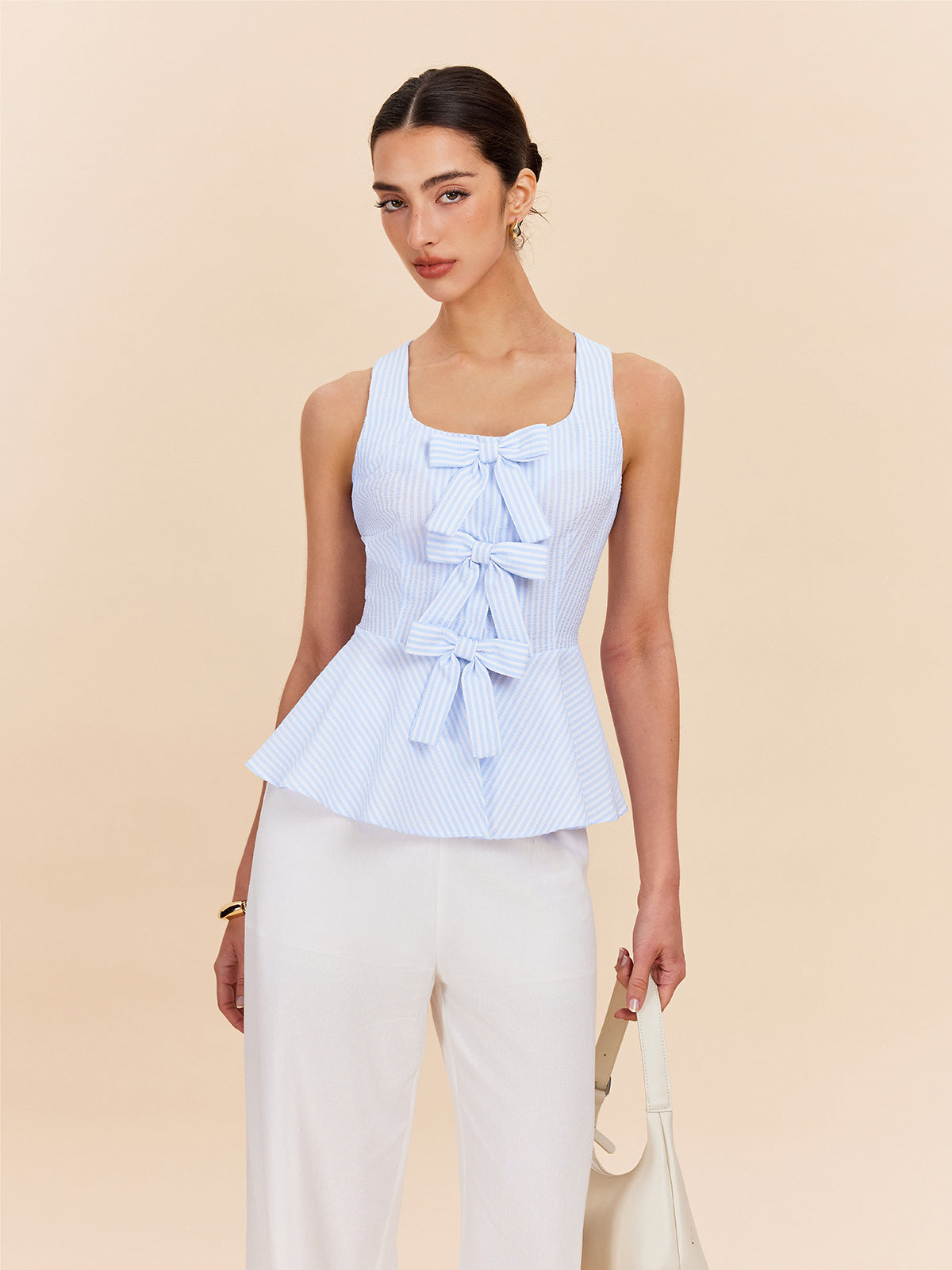 Striped Peplum Top With Bow Details