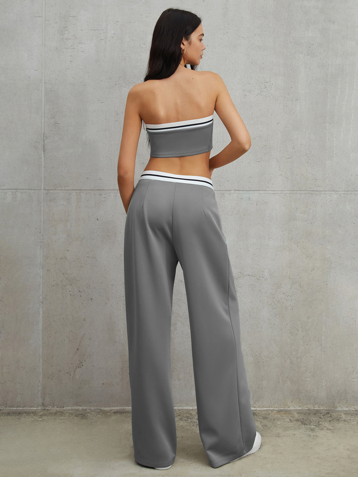 Tube Top Two Piece Contrast Waistband Pants Set