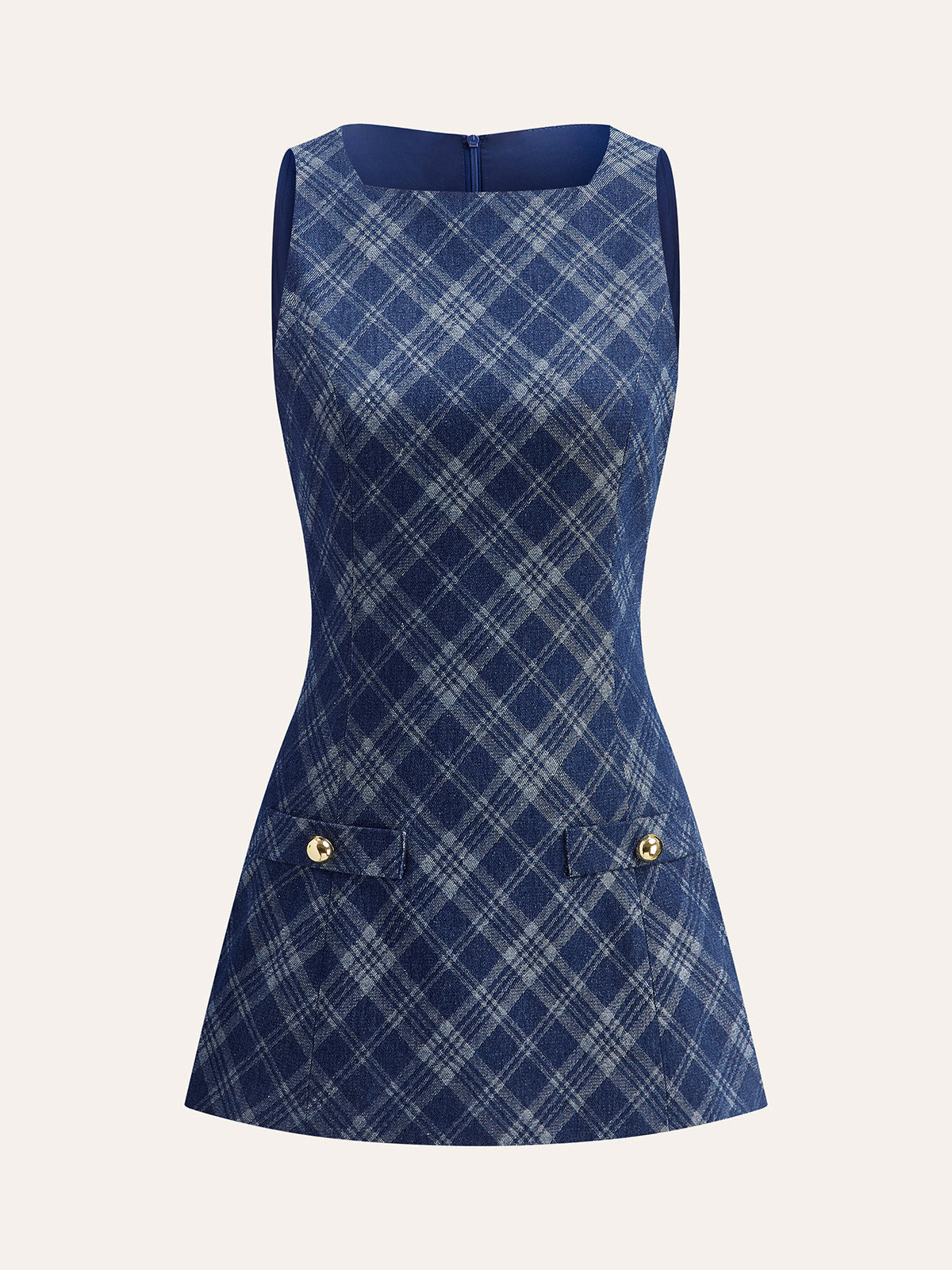 Metal Button Crew-Neck Decor-Pockets Denim Dress