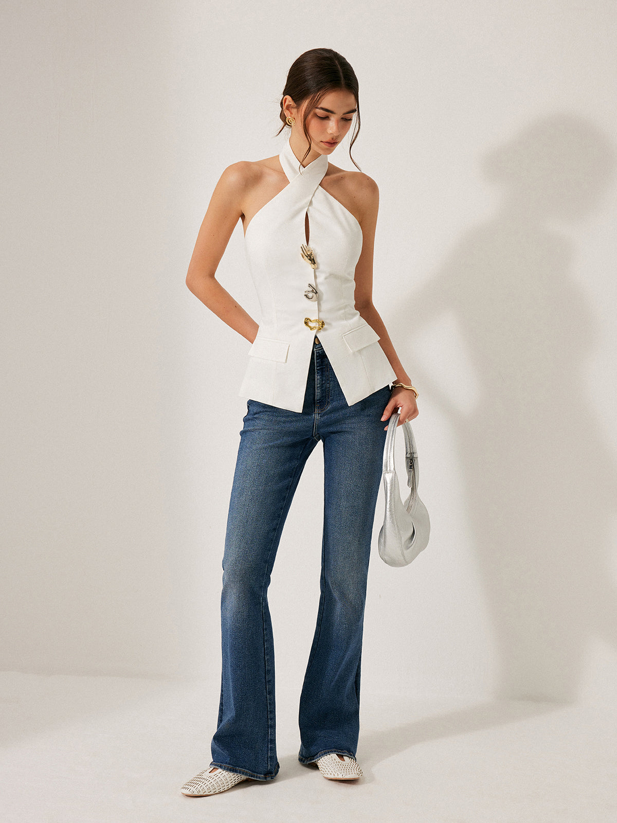 Cotton & Linen Cross-Back Halter Top With Decor Pockets