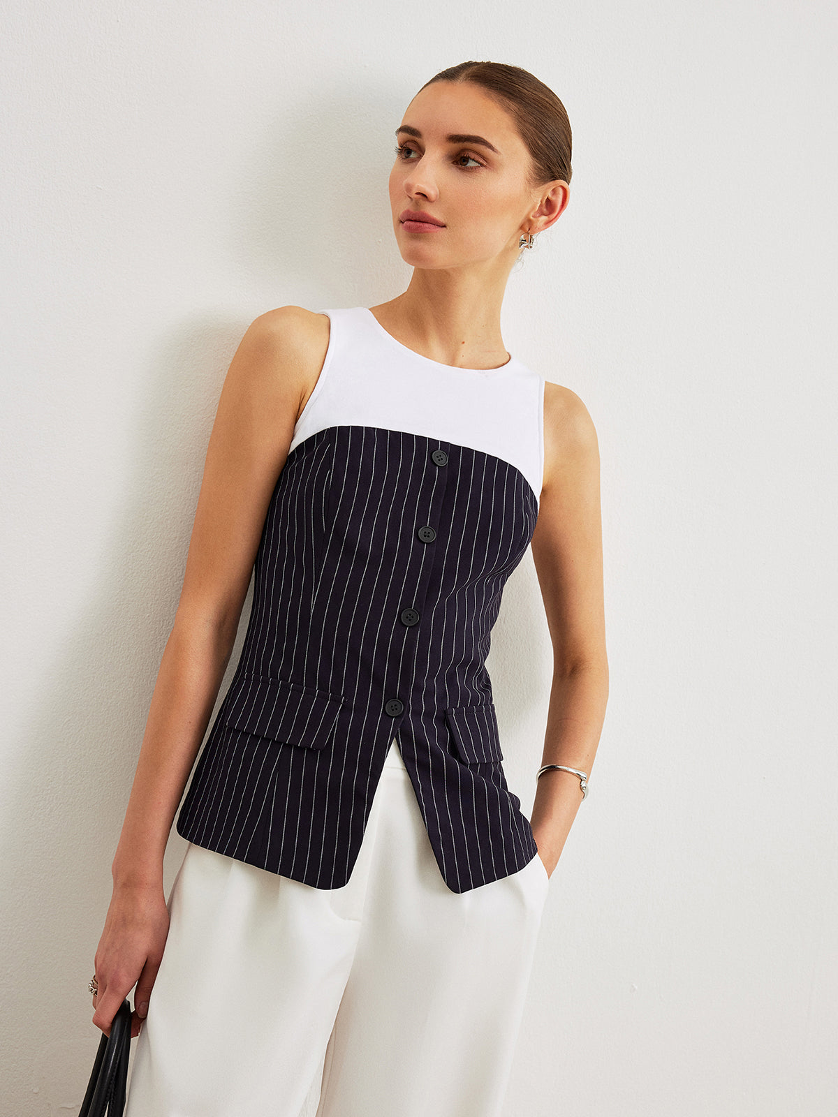 Pinstripe Button Detail Top With Decor Pockets