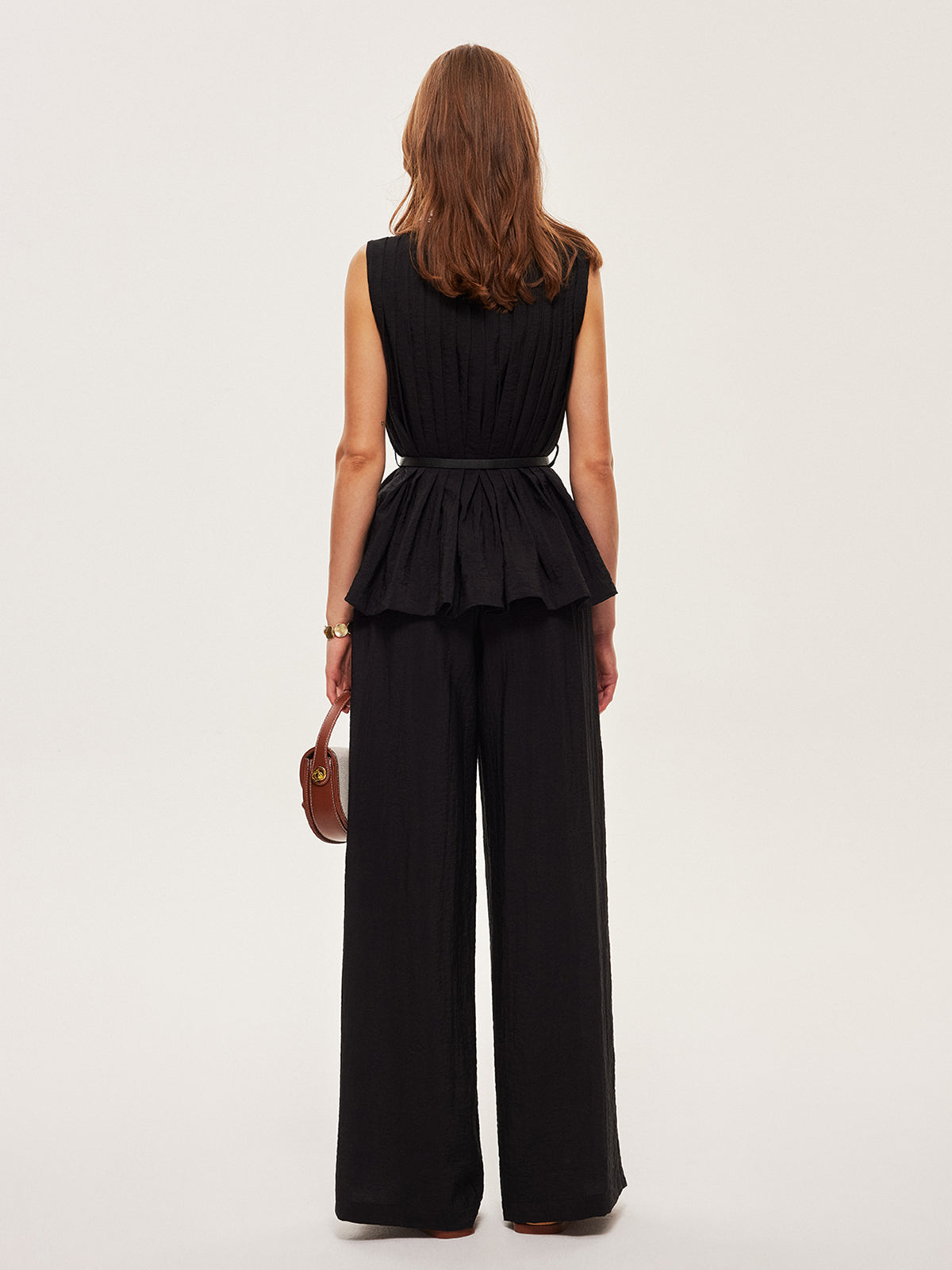 Peplum Top Wide-Leg Pants Set With Belt