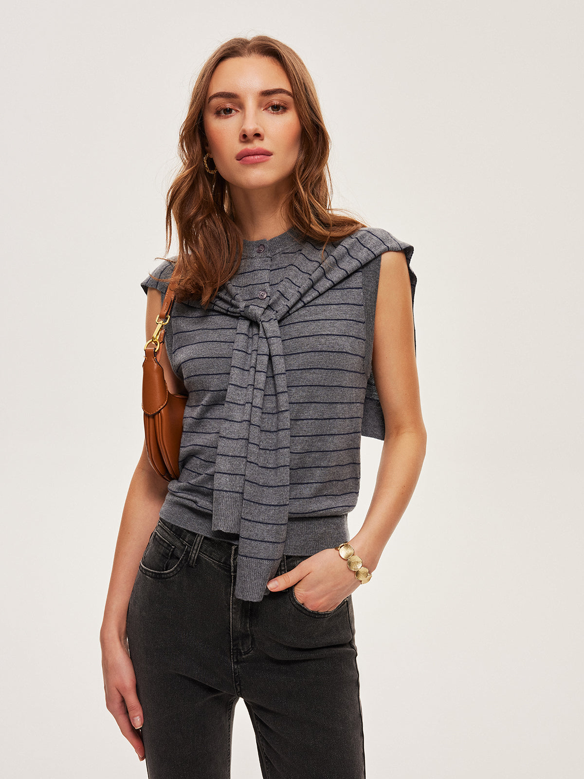 2 In 1 Striped Knotted Button Sleeveless Sweater Vest