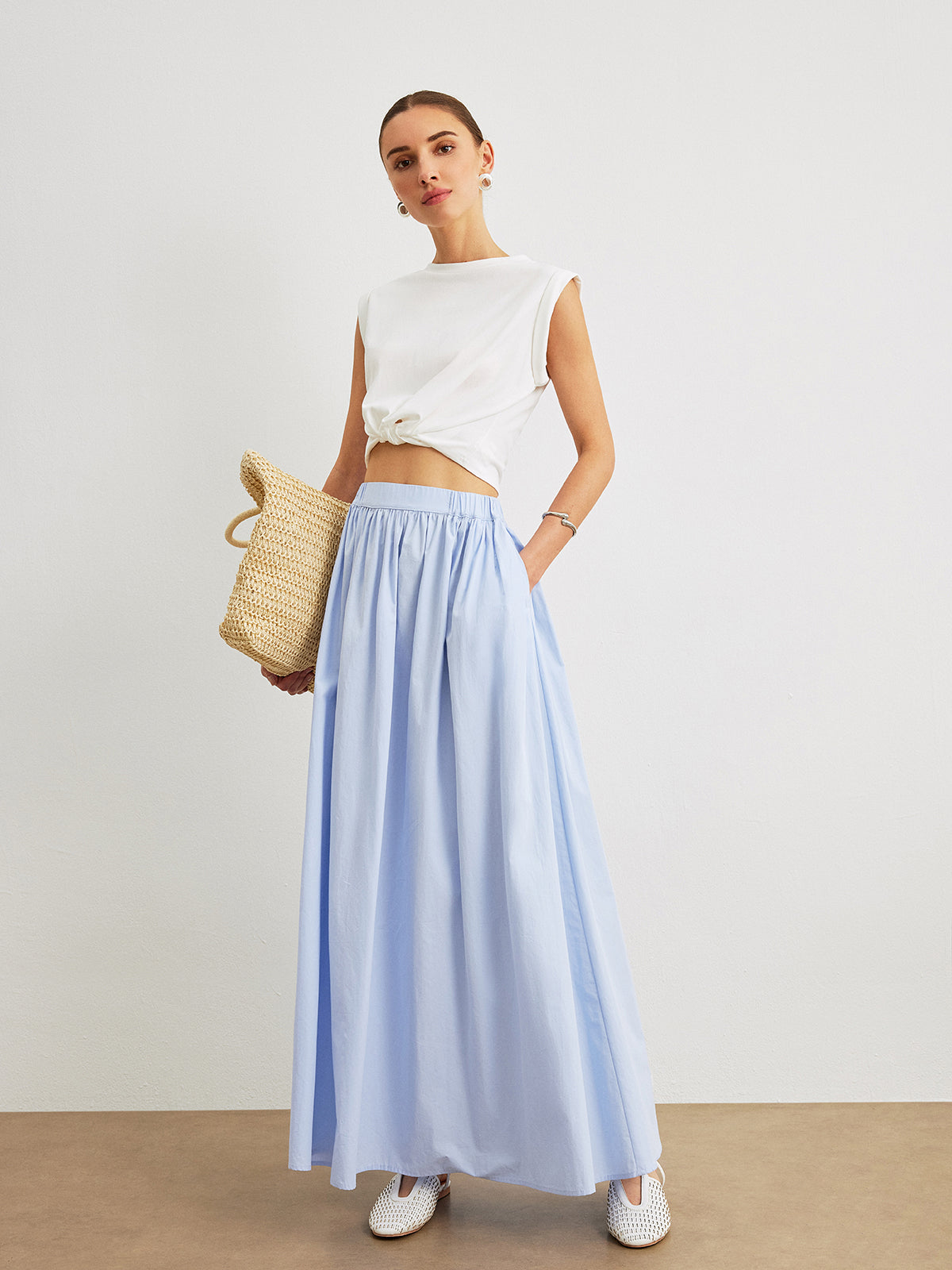 Cotton Midi A-Line Skirt With Pockets