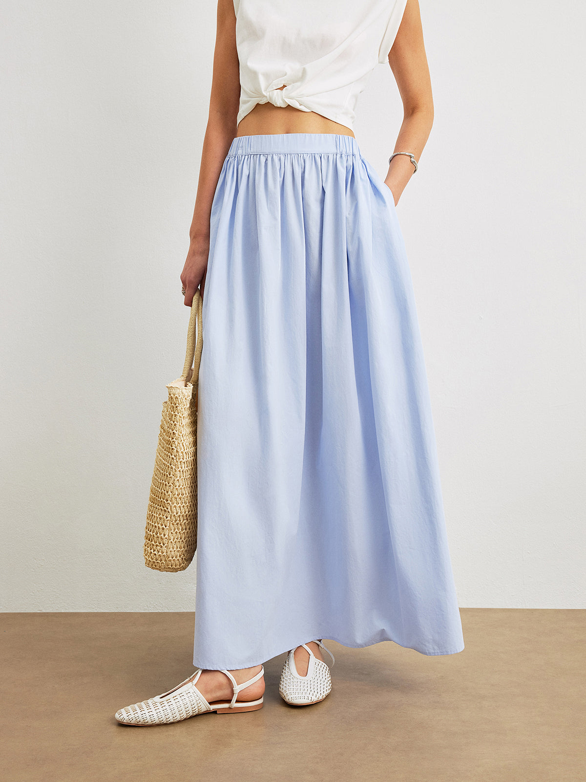 Cotton Midi A-Line Skirt With Pockets