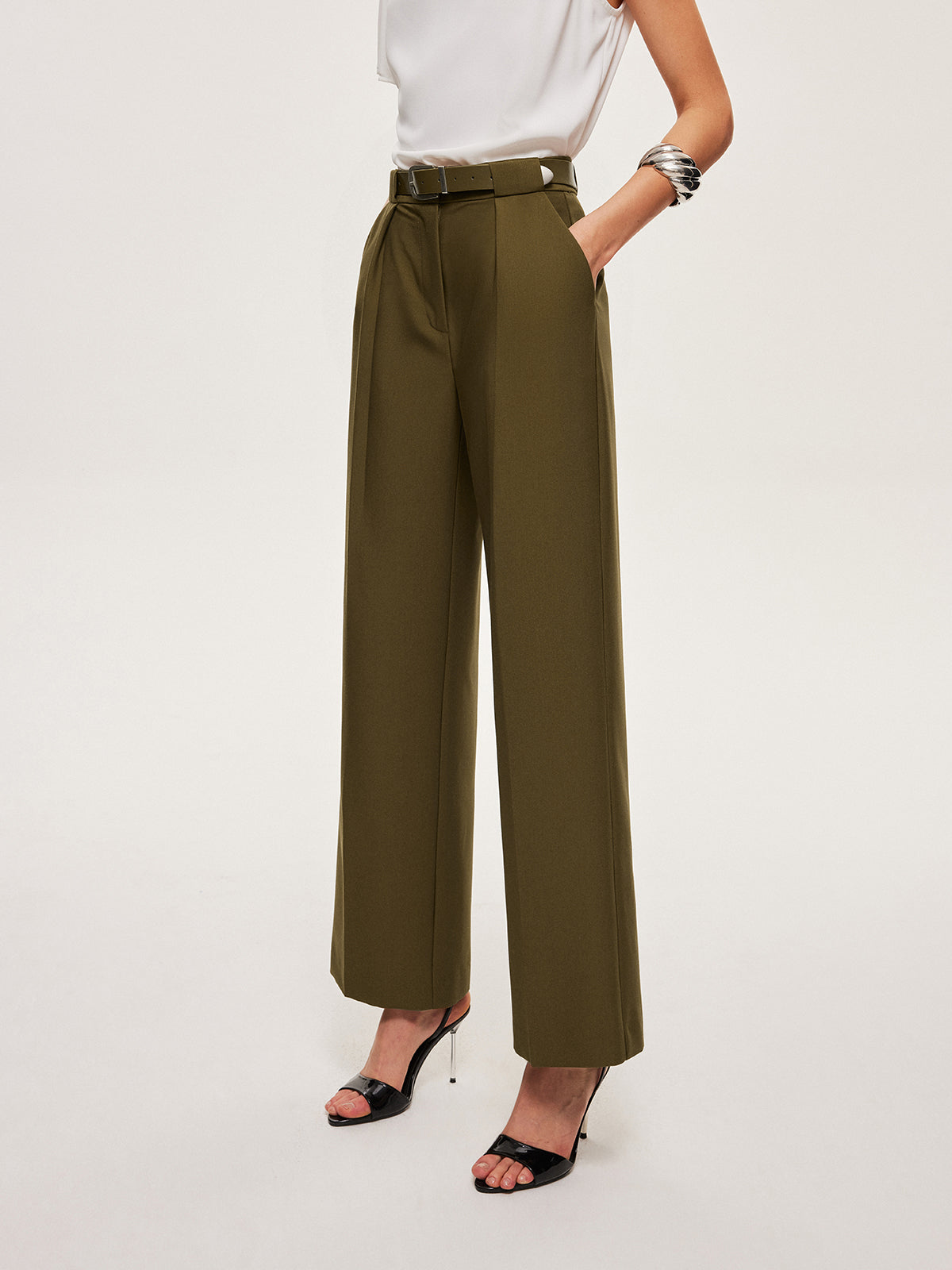 Mid-Waist Belted Straight-Leg Pants
