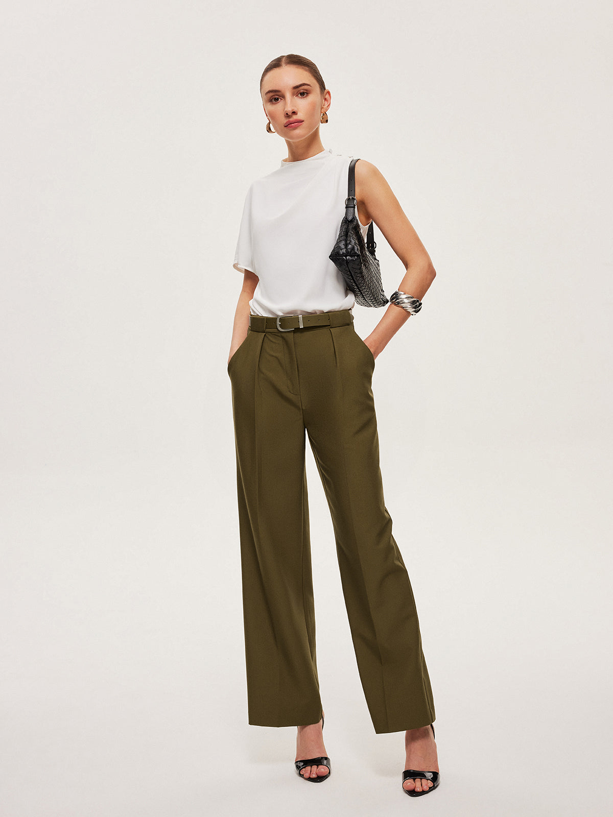 Mid-Waist Belted Straight-Leg Pants
