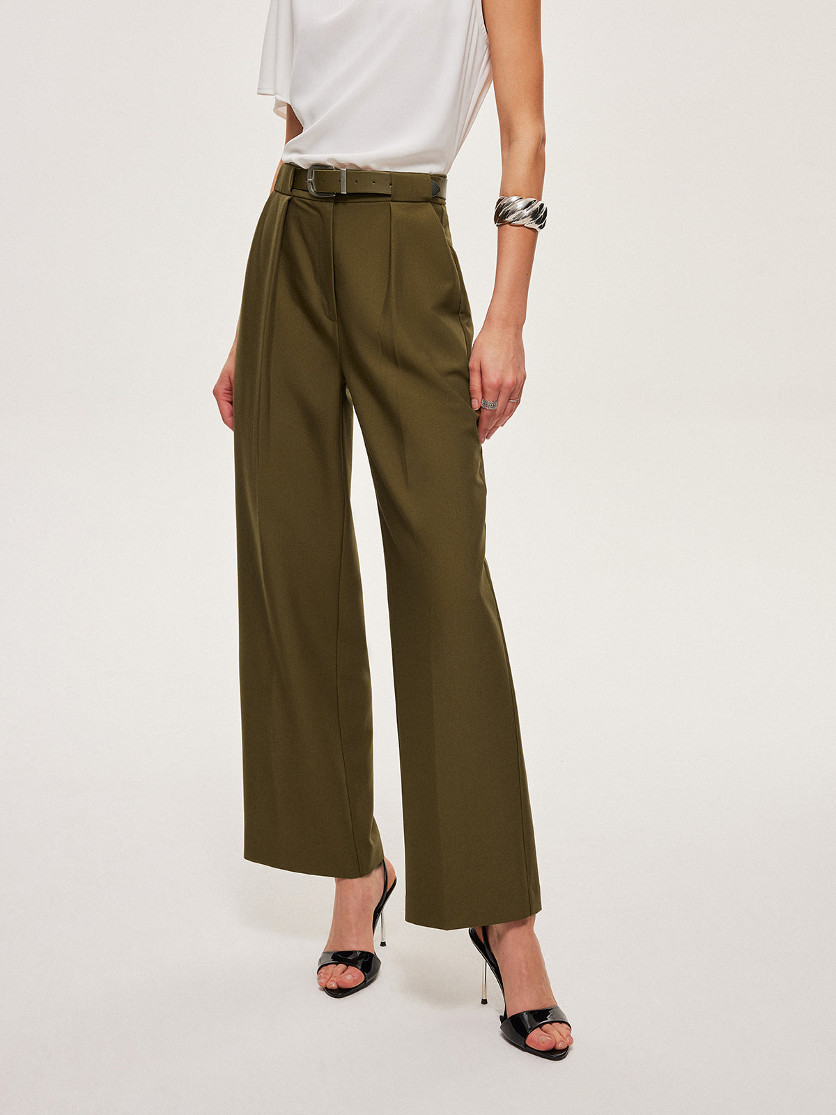 Mid-Waist Belted Straight-Leg Pants