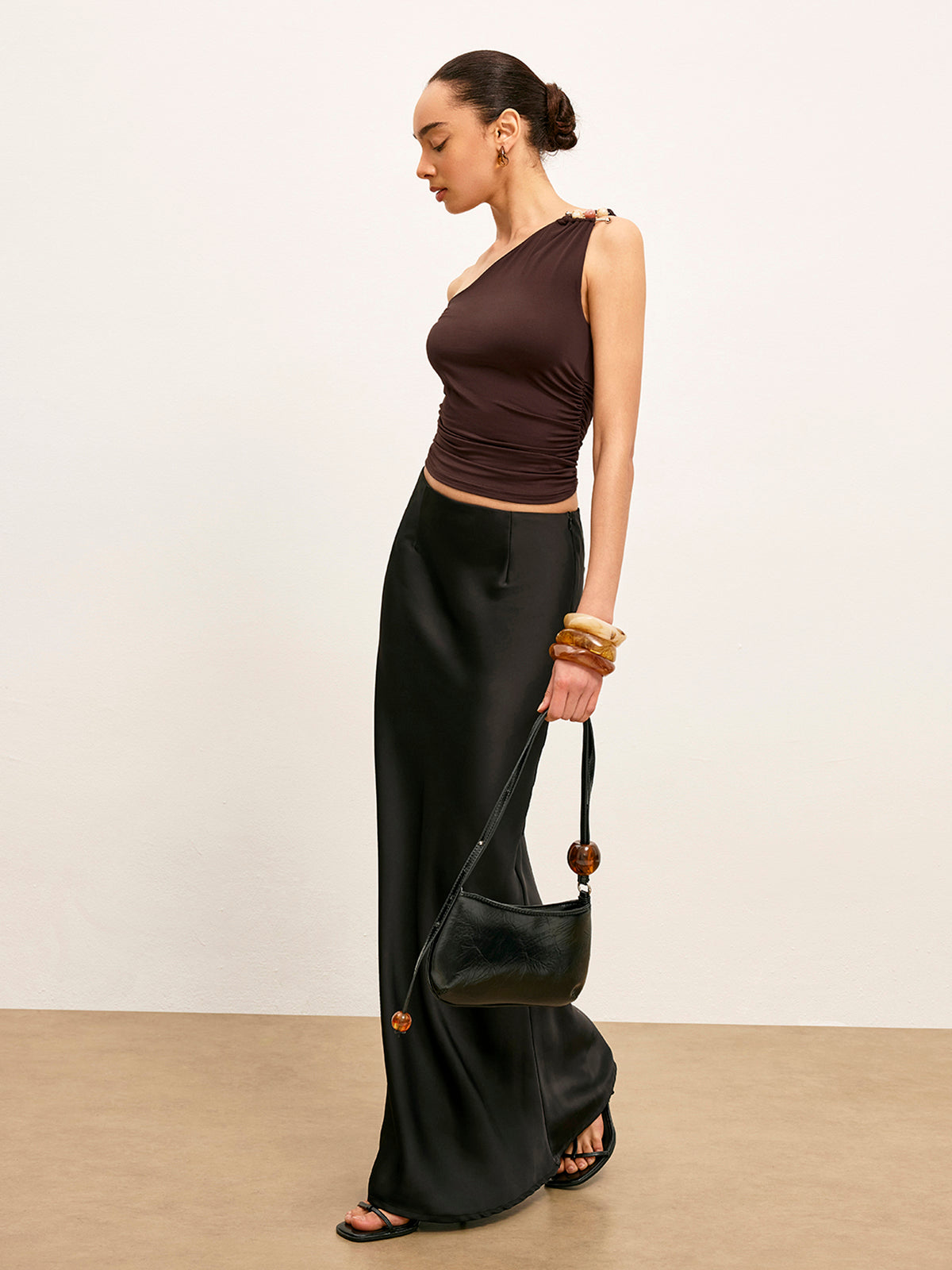 One-Shoulder Metal Detail Ruched Top