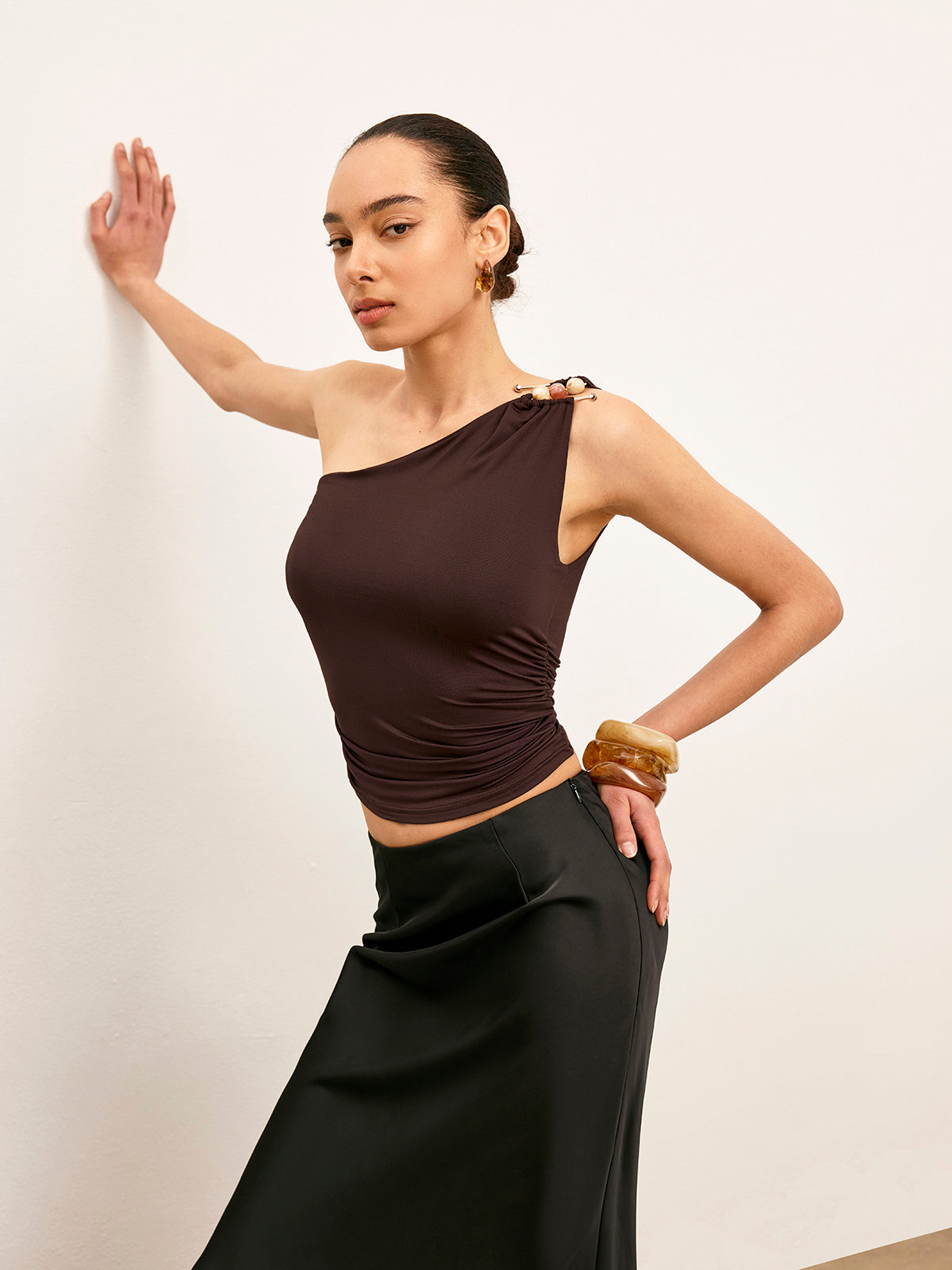 One-Shoulder Metal Detail Ruched Top