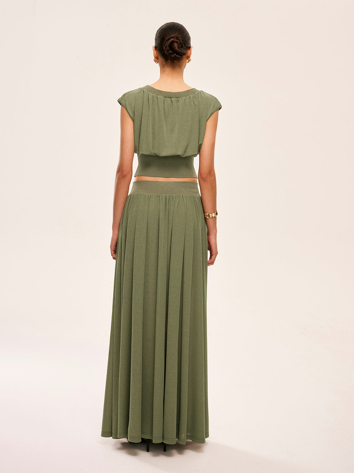 Gathered Waist Top With Flowy Skirt Set