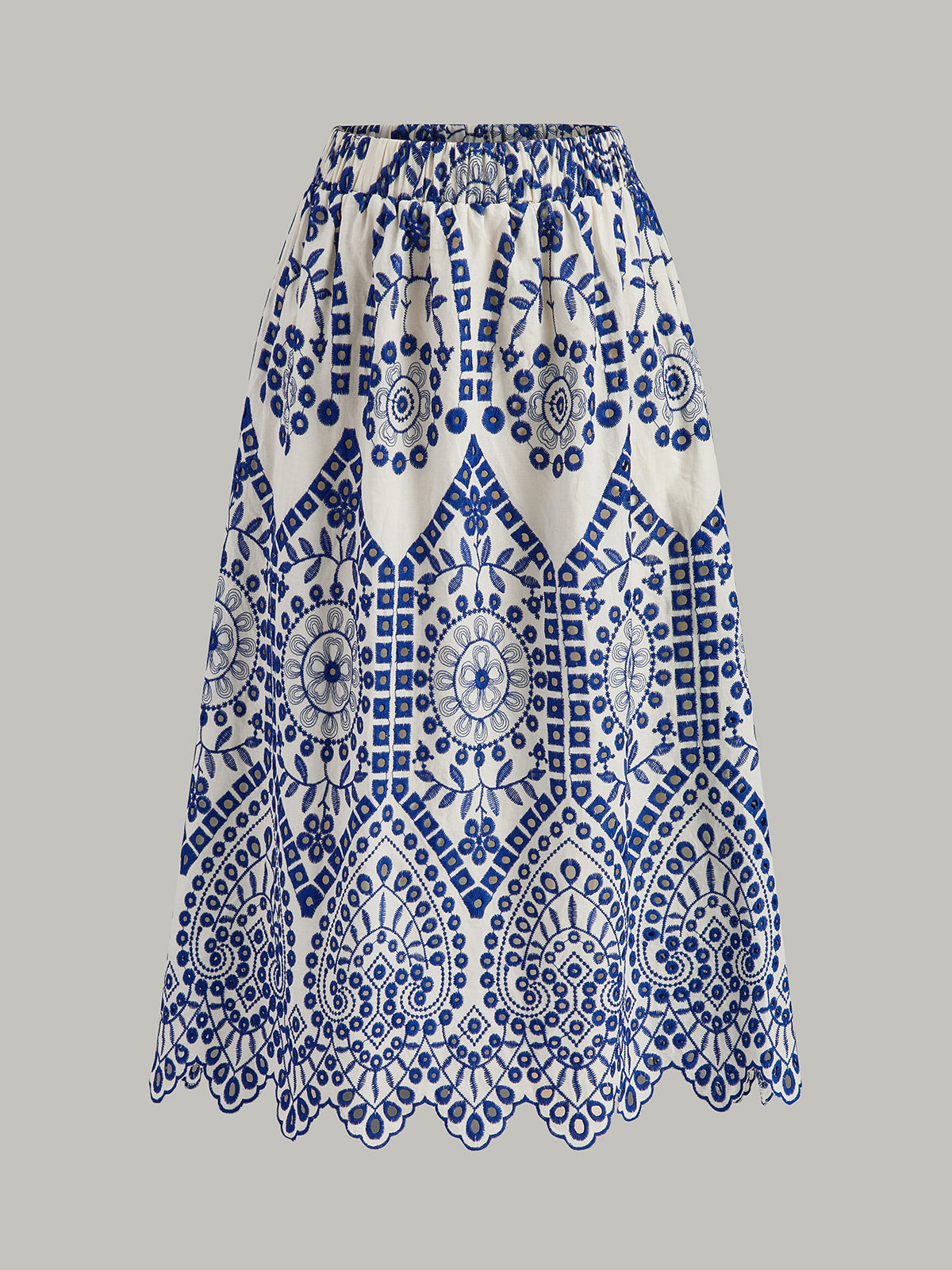 Cotton Embroidery Scalloped Hem Elastic Waistband Skirt