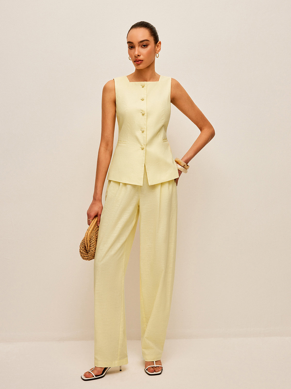 Cotton & Linen Tie-Back Vest With Pockets Pants Set