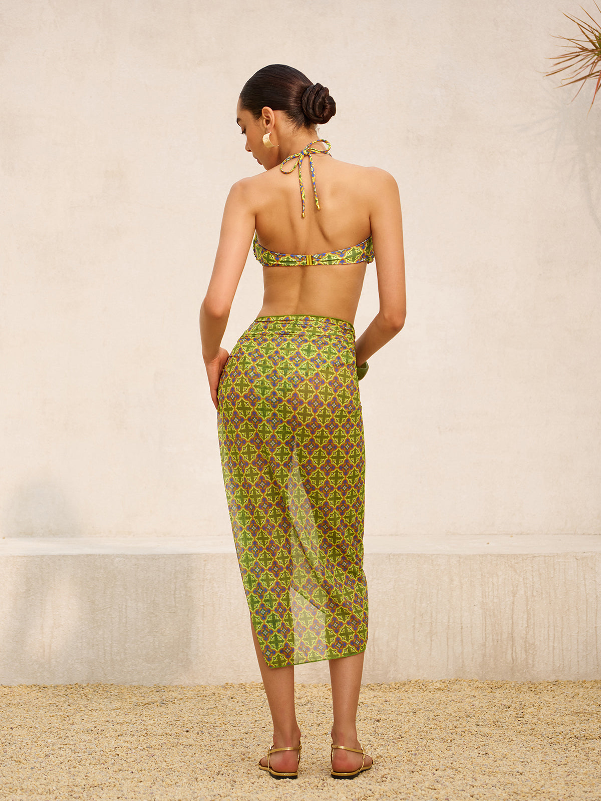 Retro Print Tie-Waist Mesh Cover-Up