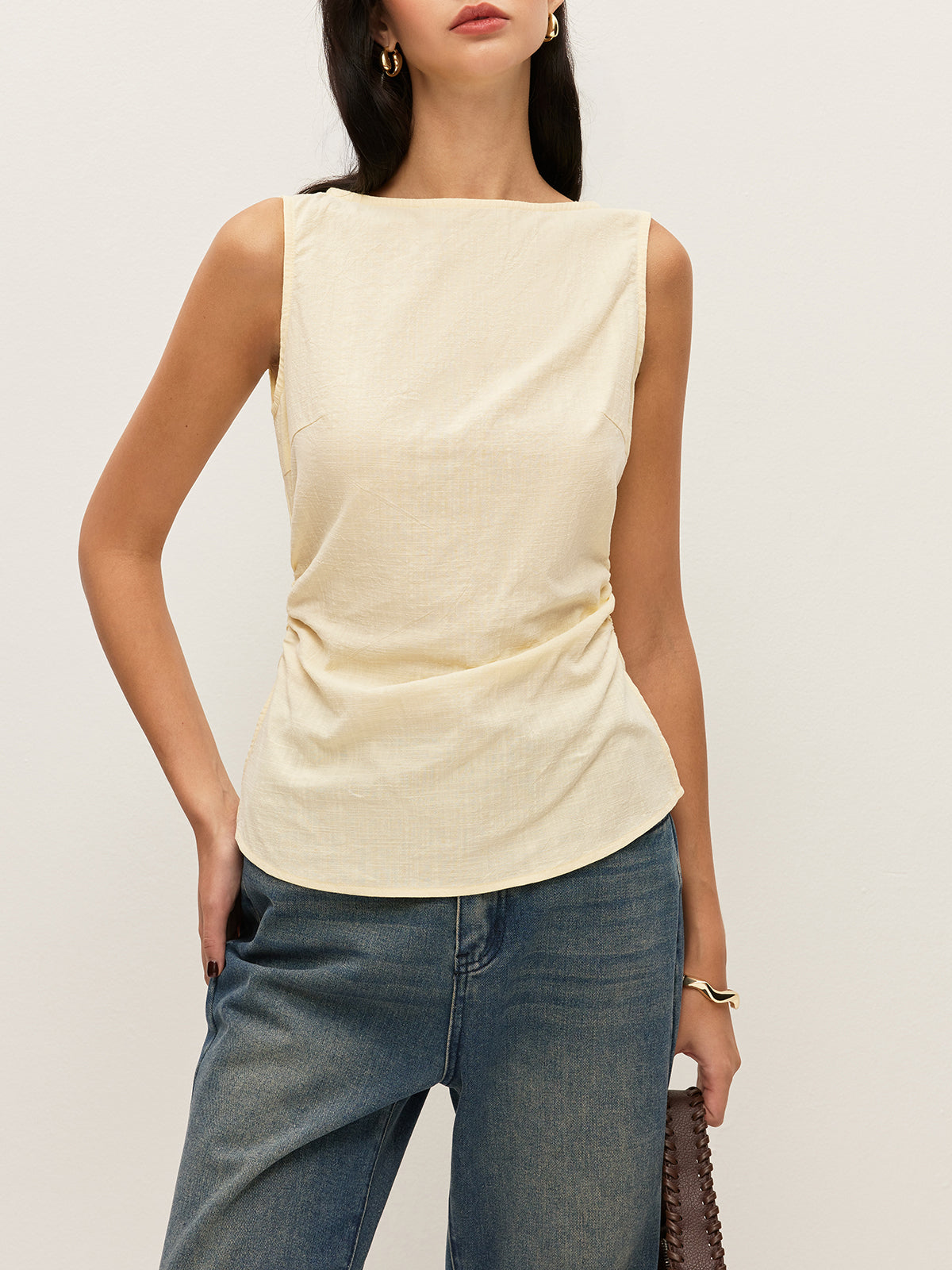 Cotton Solid Boat Neck Ruched Waist Sleeveless Blouse