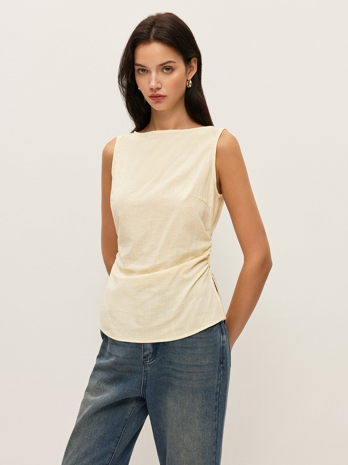 Cotton Solid Boat Neck Ruched Waist Sleeveless Blouse
