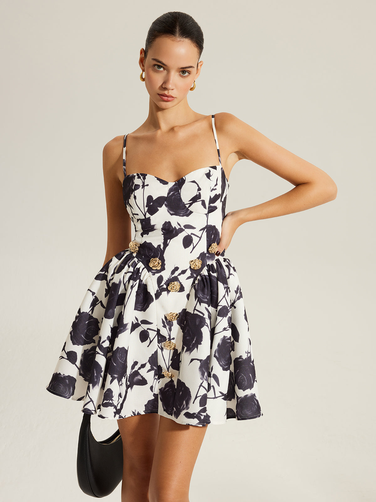 Floral Print Metal Detail Zipper Spaghetti Strap Dress