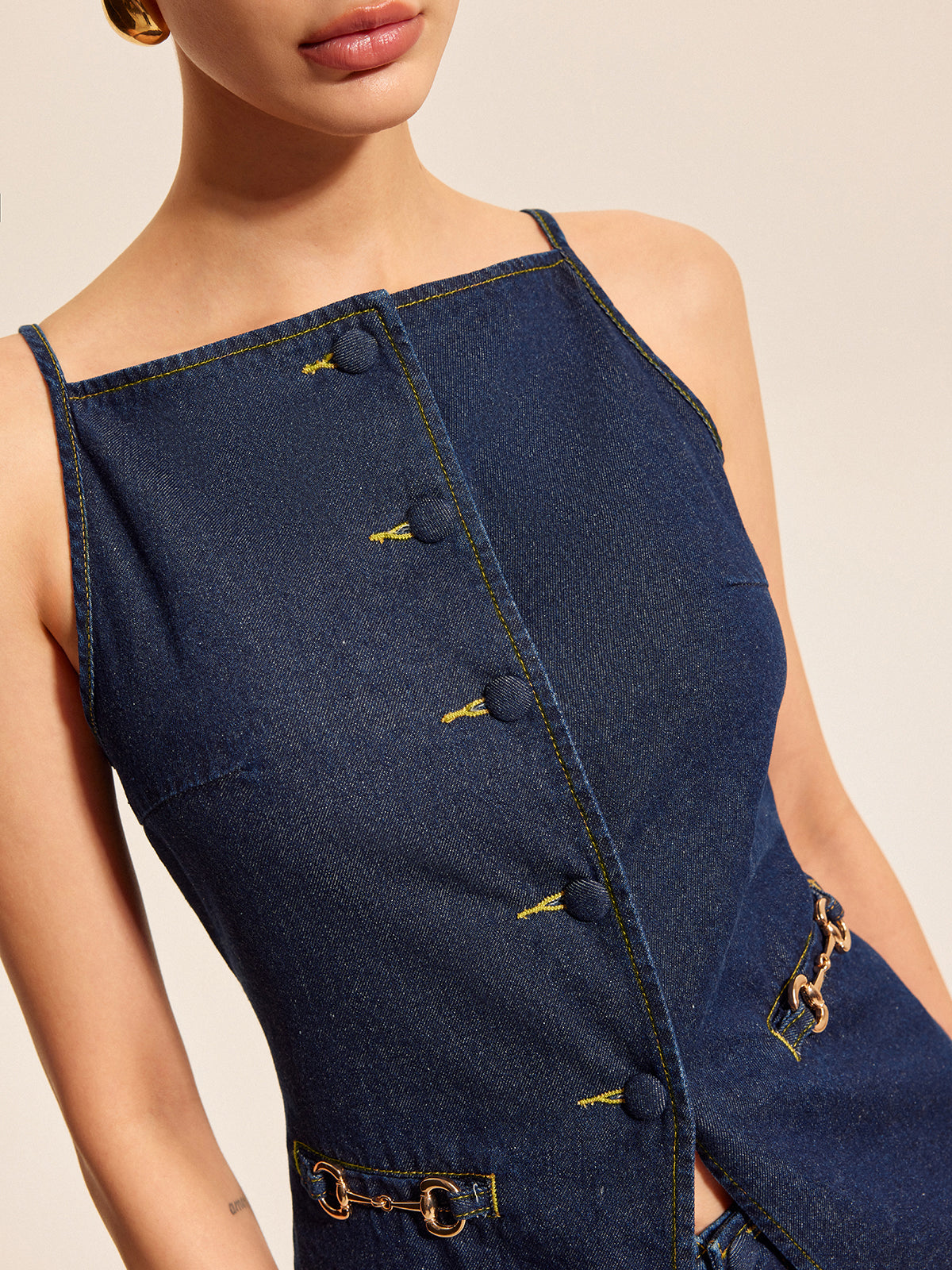 Button Detail Denim Shorts Set With Buckle Accents