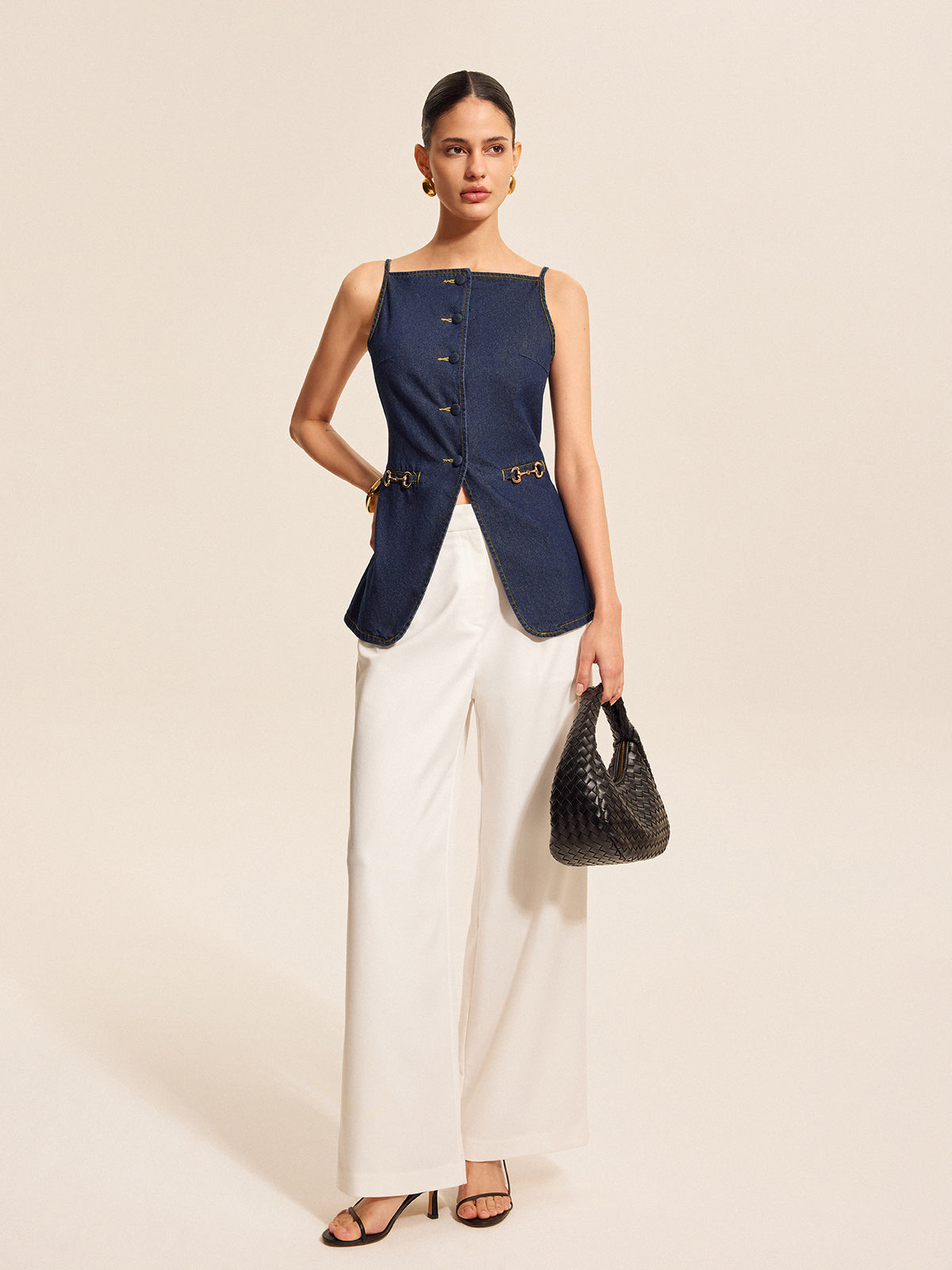 Button Detail Denim Shorts Set With Buckle Accents