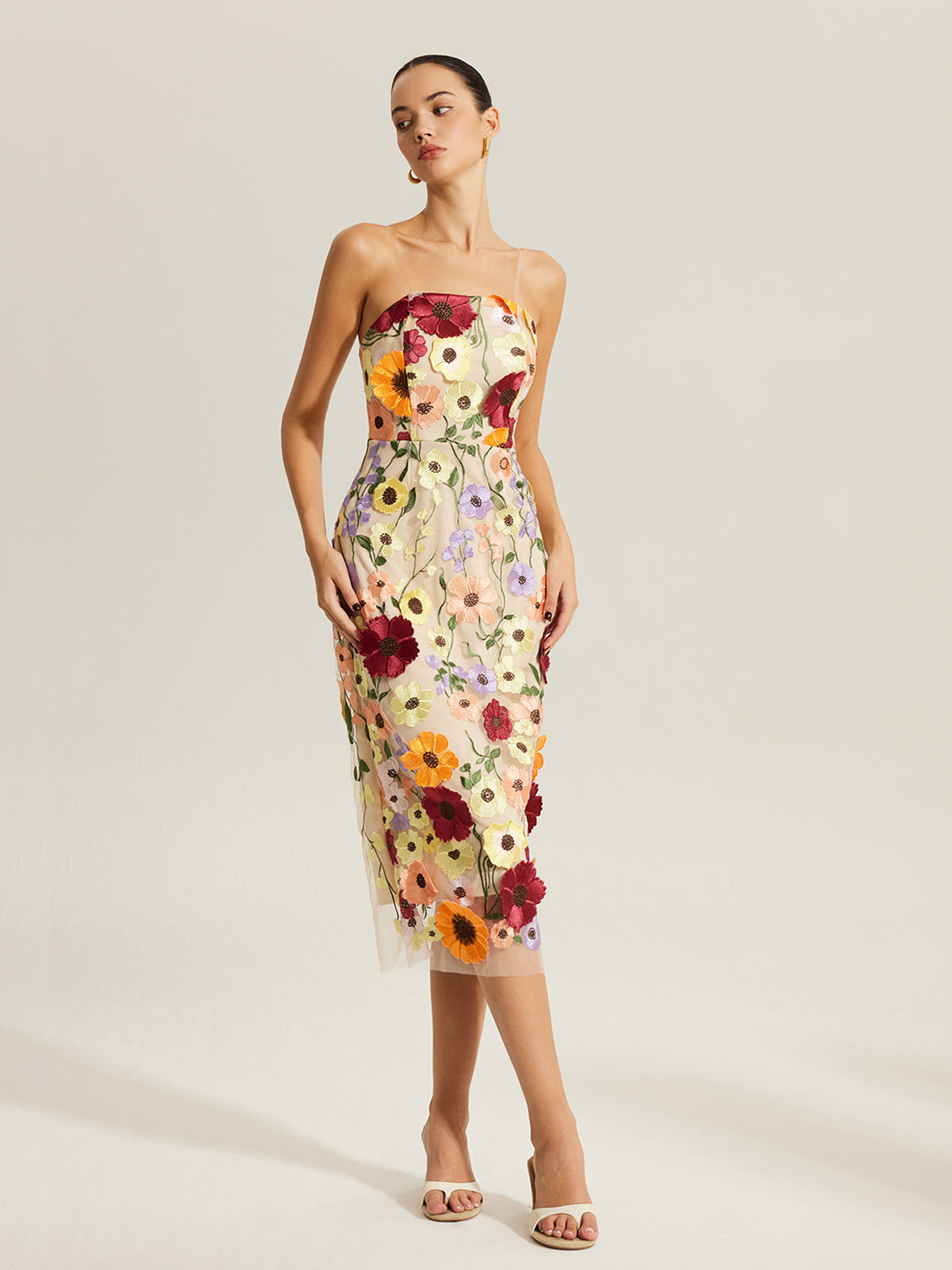 Embroidered Floral Dress With Clear Straps