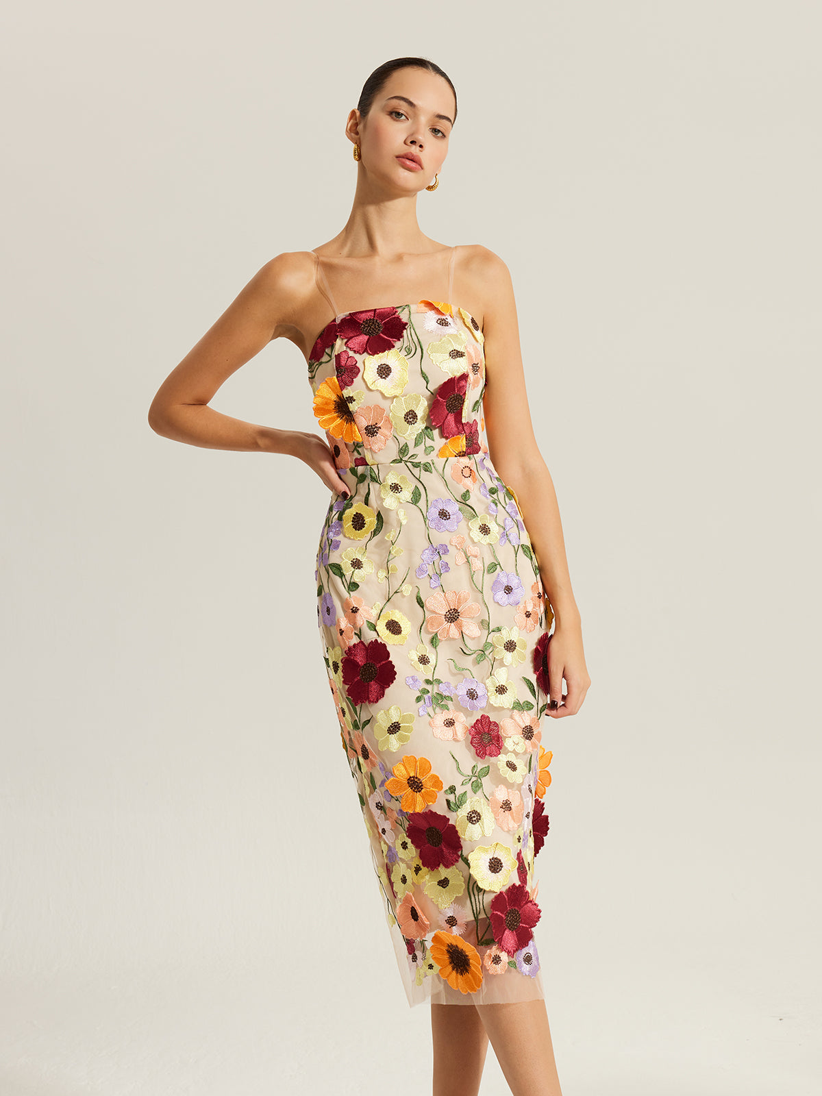 Embroidered Floral Dress With Clear Straps