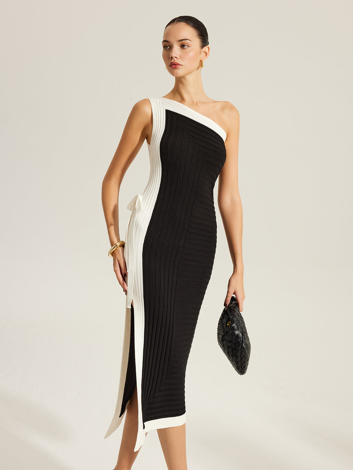 Side Tie Color-Block One-Shoulder Knit Dress