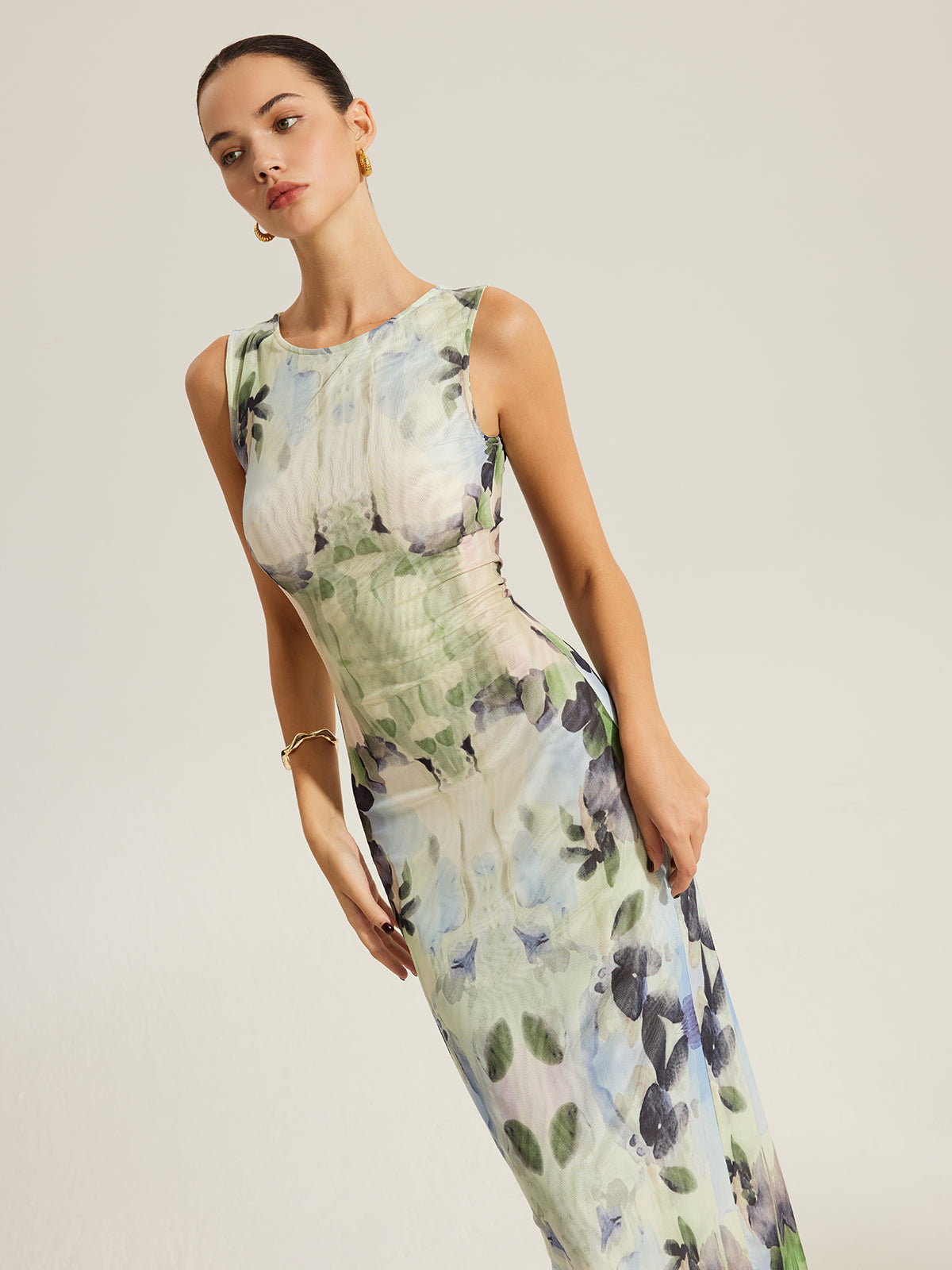 Floral Print Sleeveless Mesh Dress