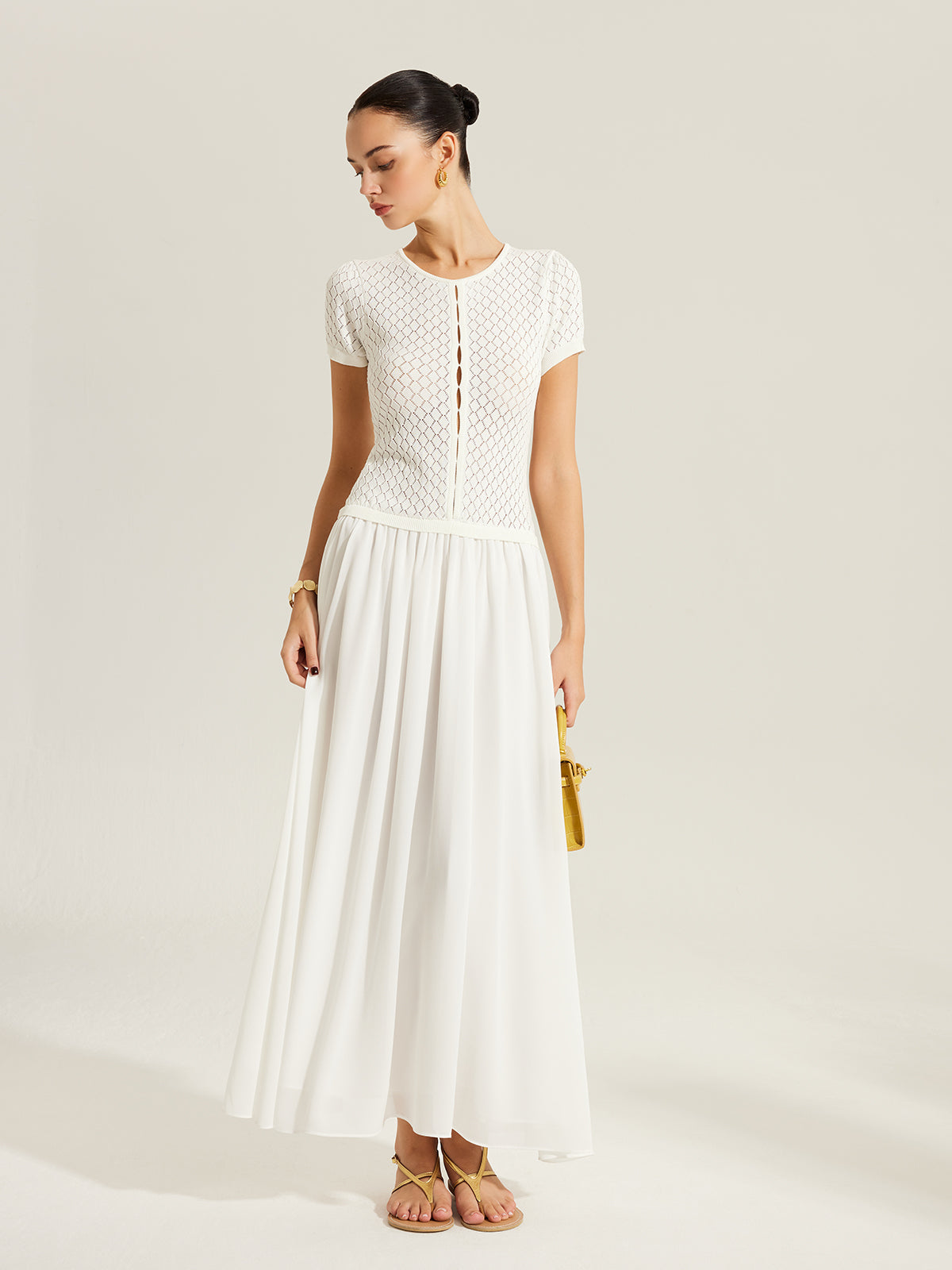 Sheer-Panel Button-Front Knit Dress