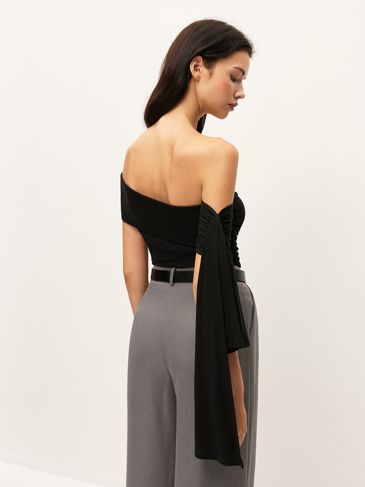Asymmetrical Off-Shoulder Top With Side Tie