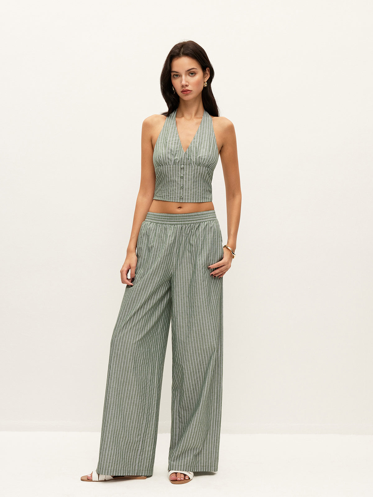 Striped Button-Detail Halter Top With Pants Set