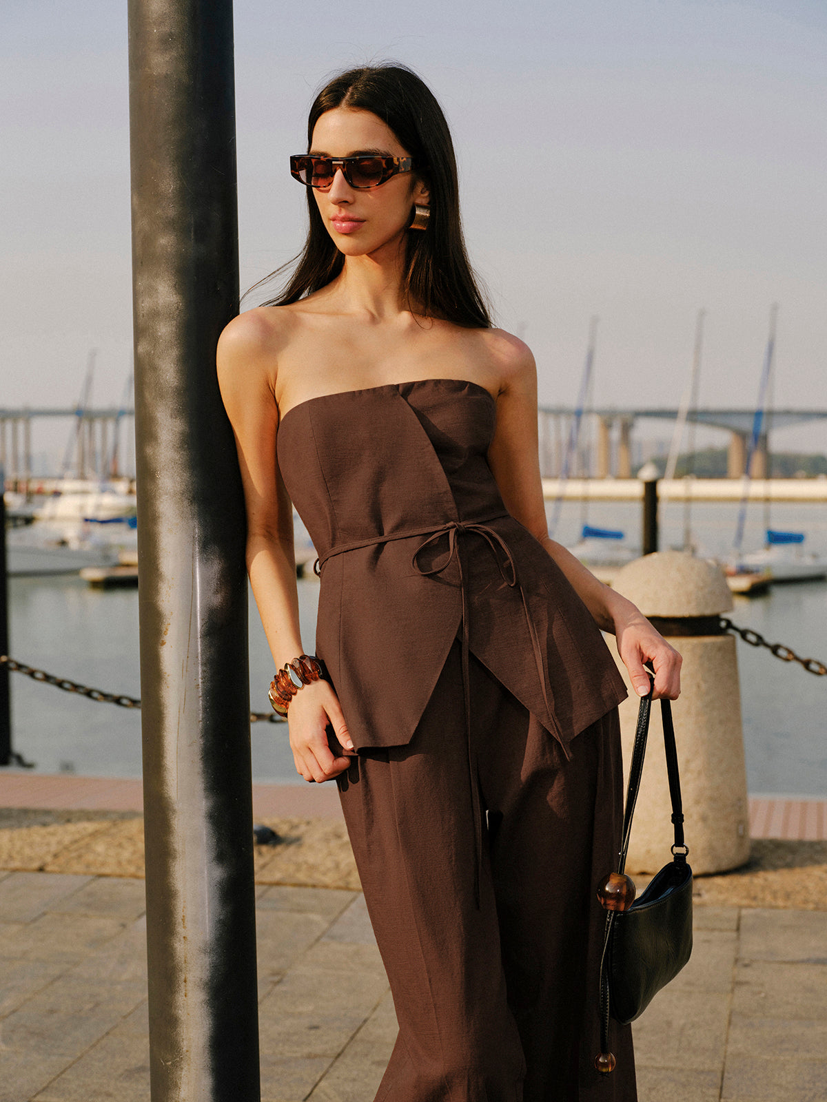 Cotton & Linen Strapless Peplum Top With Tie