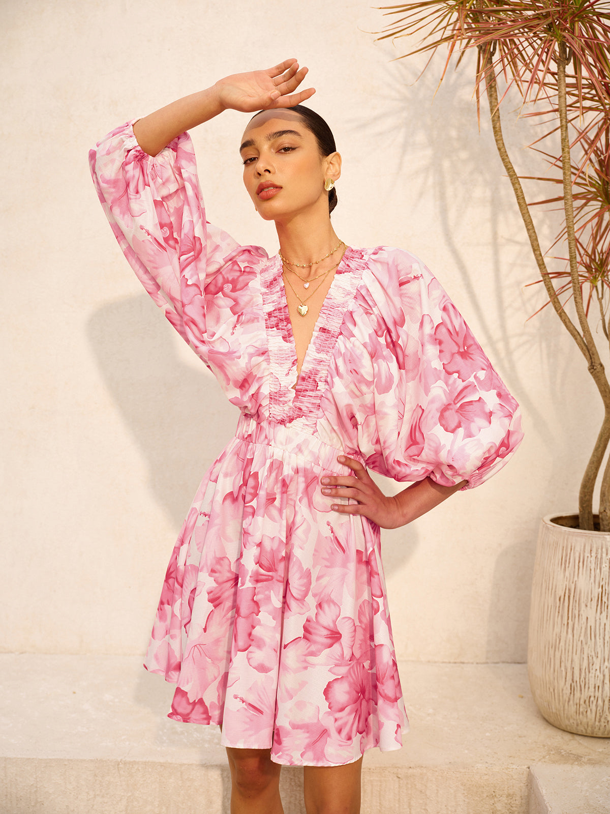Floral Puff Sleeve Ruched V-Neck Dress