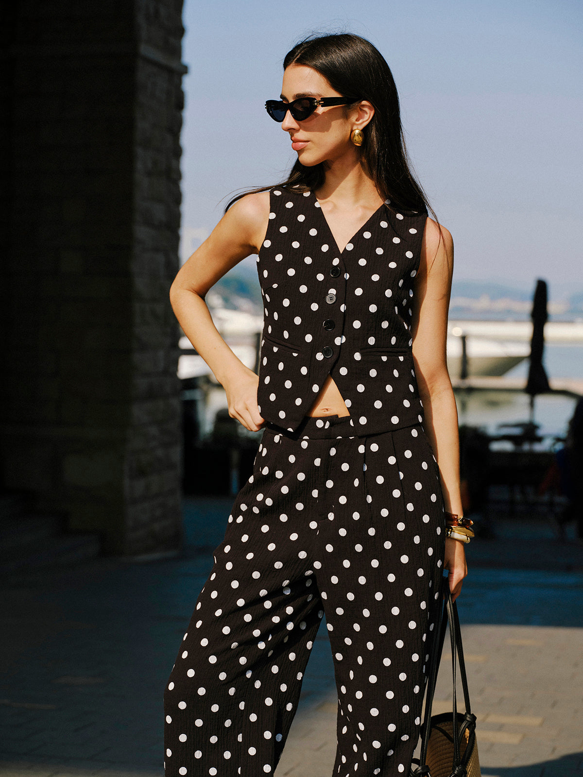 Cotton Polka Dot Vest With Pants Set