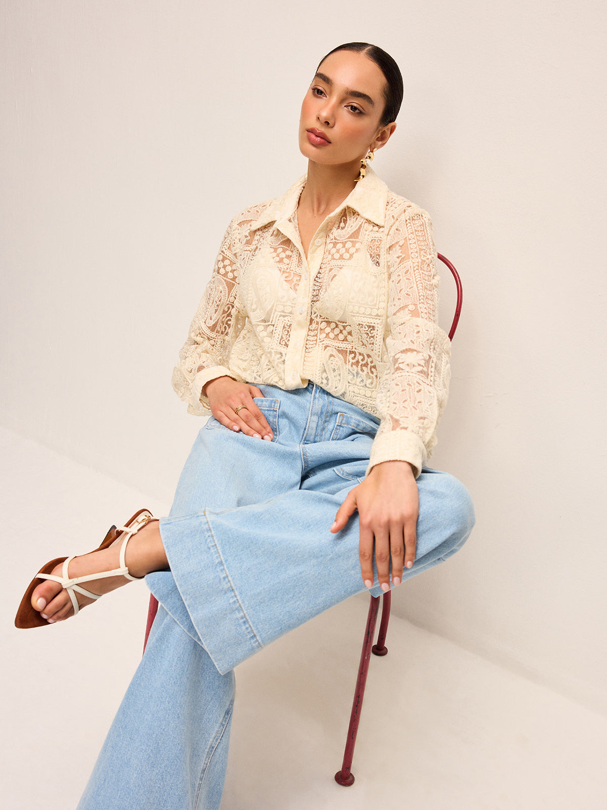 Long-Sleeve Lace Polo Collar Cotton-Blend Shirt