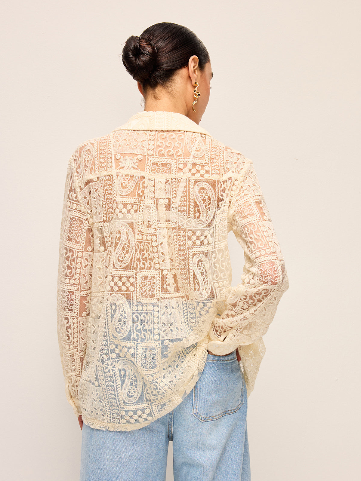 Long-Sleeve Lace Polo Collar Cotton-Blend Shirt