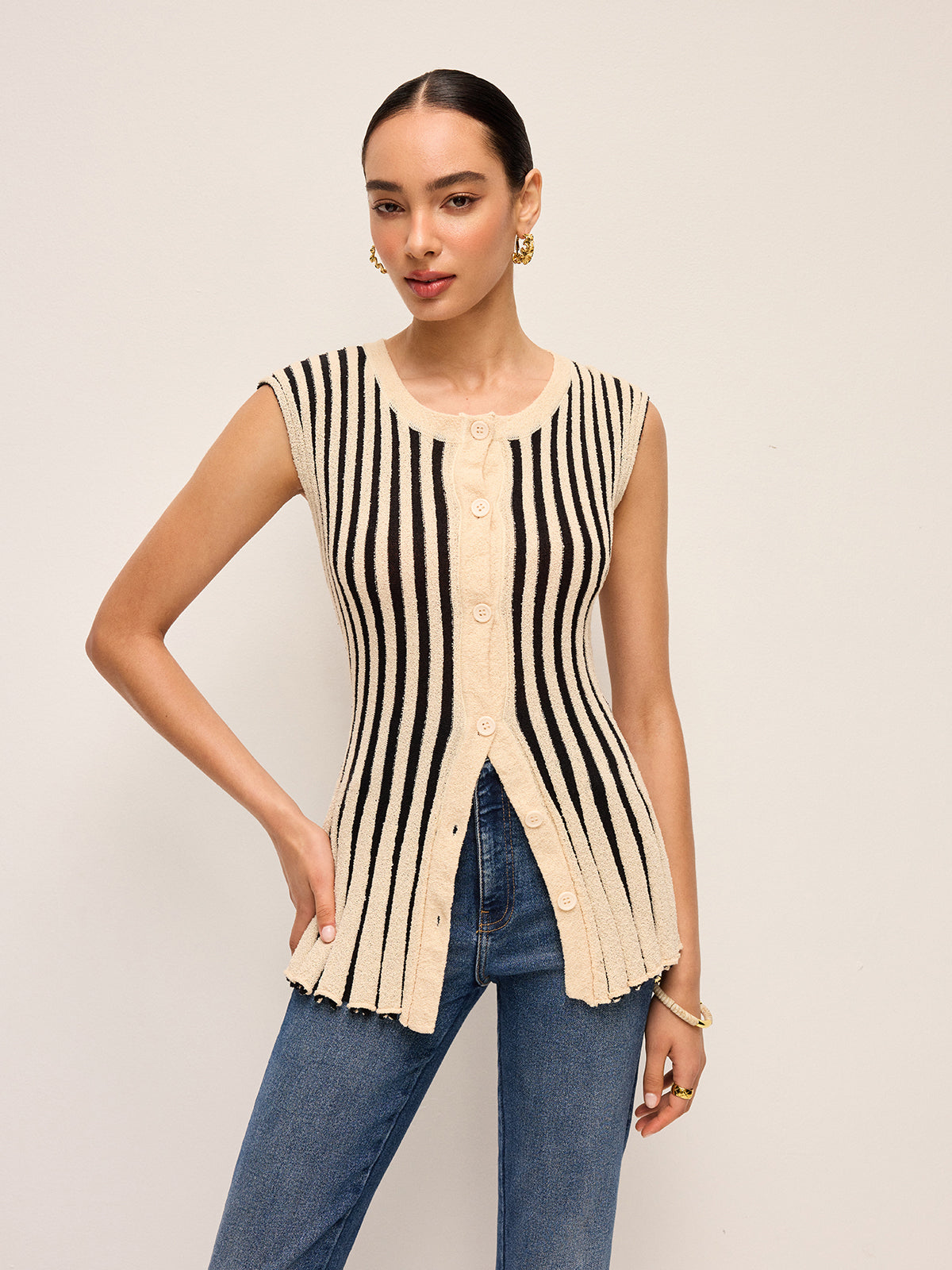 Stripe Button-Front Knit Top