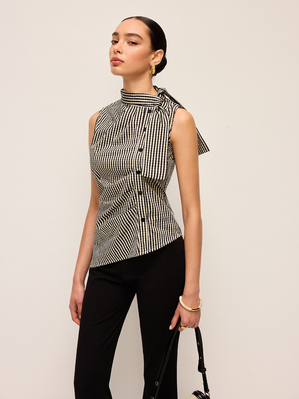 Asymmetric Neck Gingham Button Top