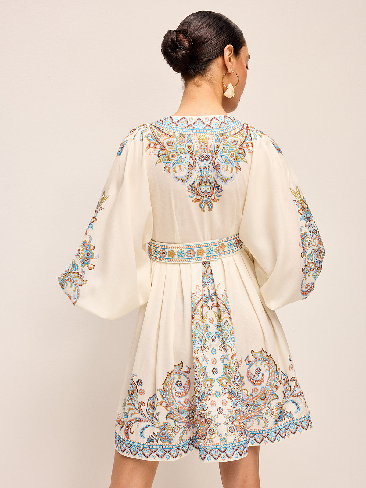 Boho Belted V-Neck Dress With Balloon Sleeves