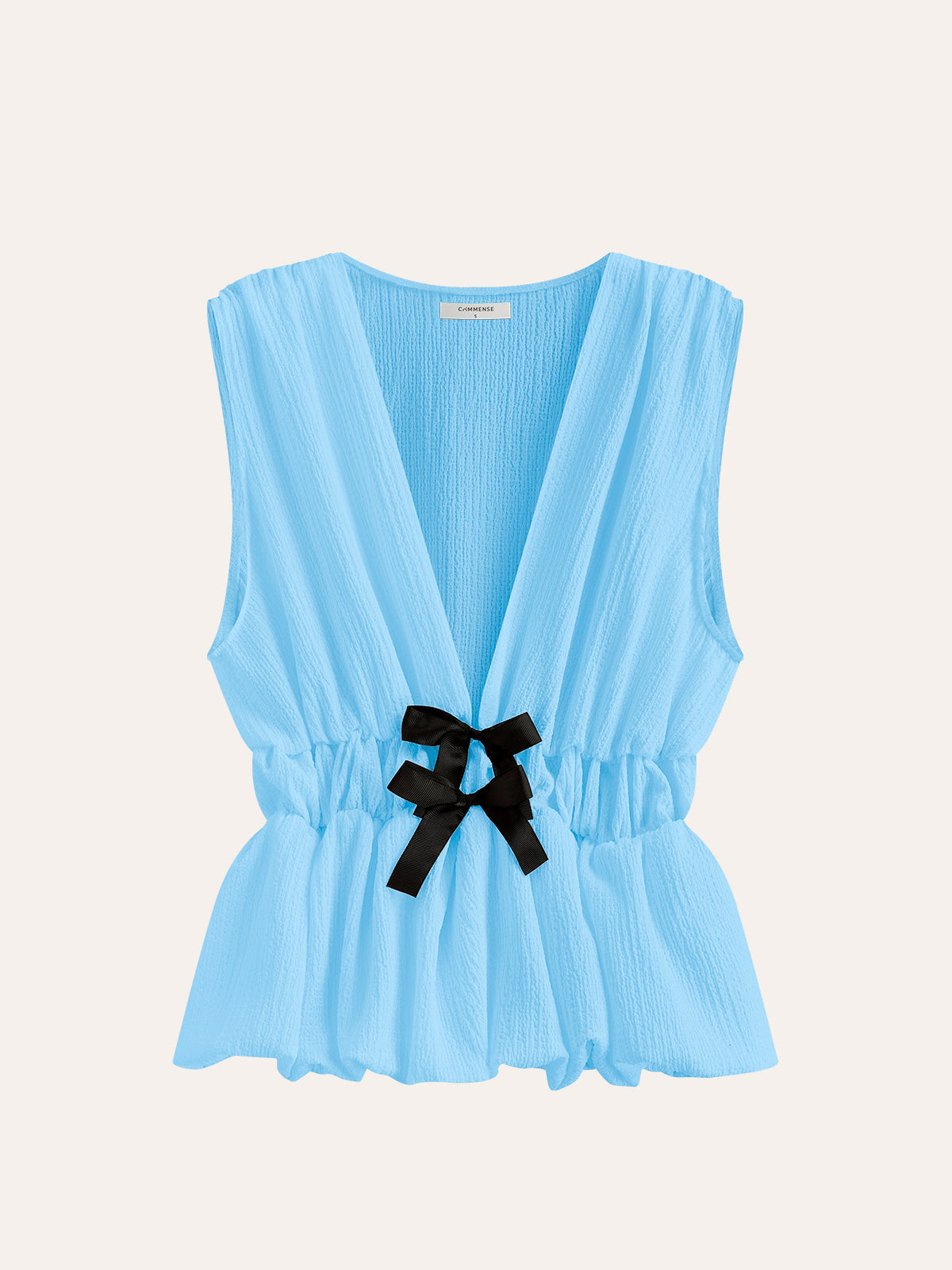 V-Neck Gathered Waist Bow-Detail Top