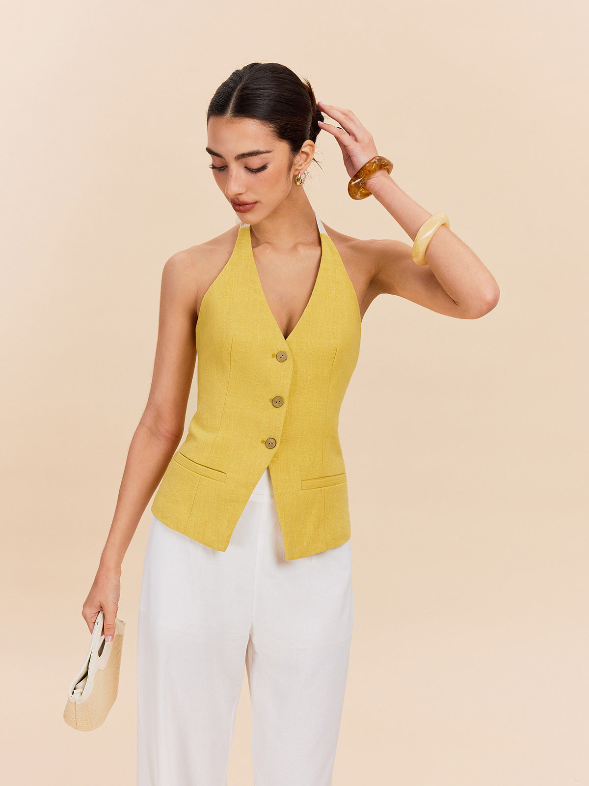 Cotton & Linen Halter Top With Decor Pocket